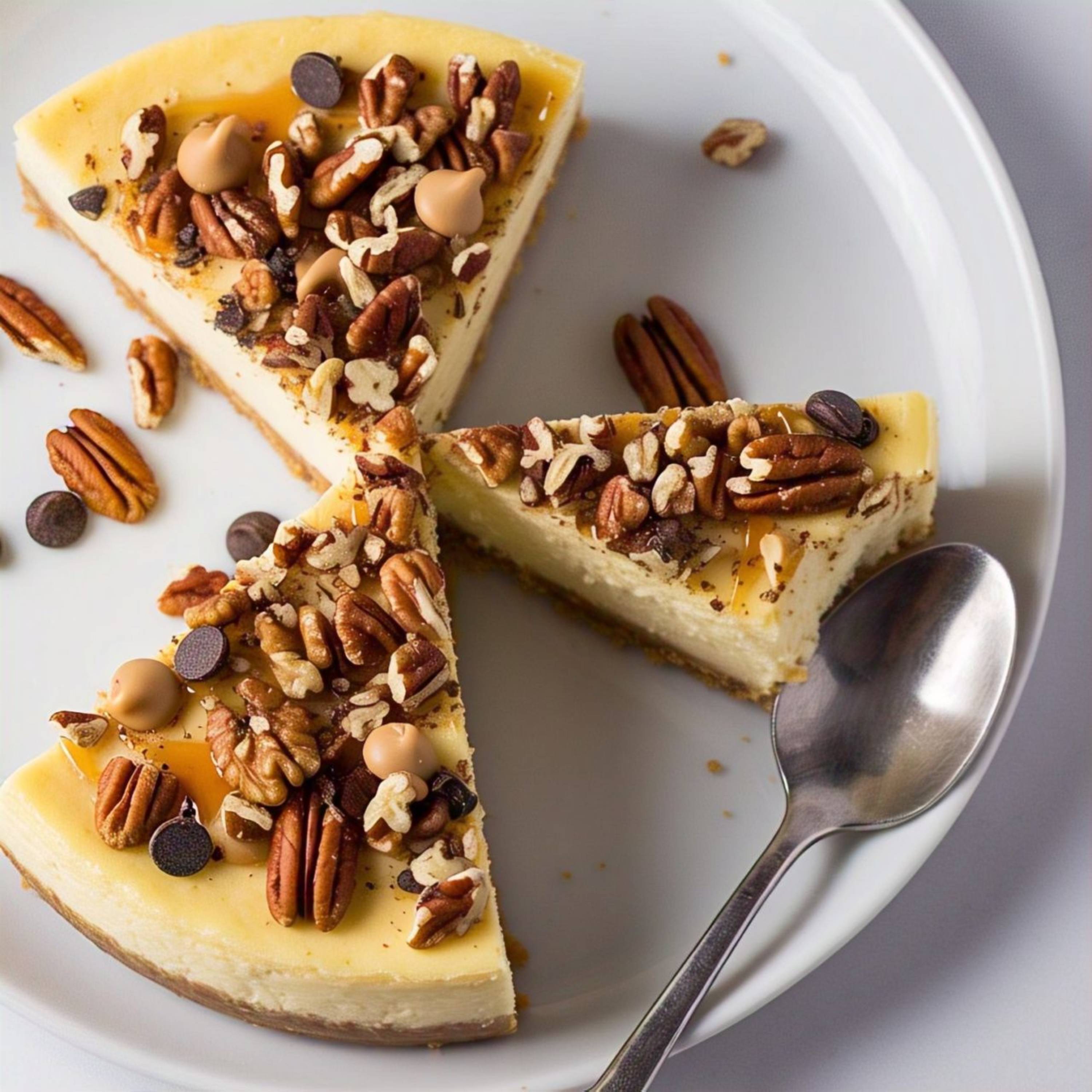 Sugar-Free Turtle Cheesecake Andy Anand Freshly Baked with chocolate chips, pecans, and nuts on a white plate with a spoon