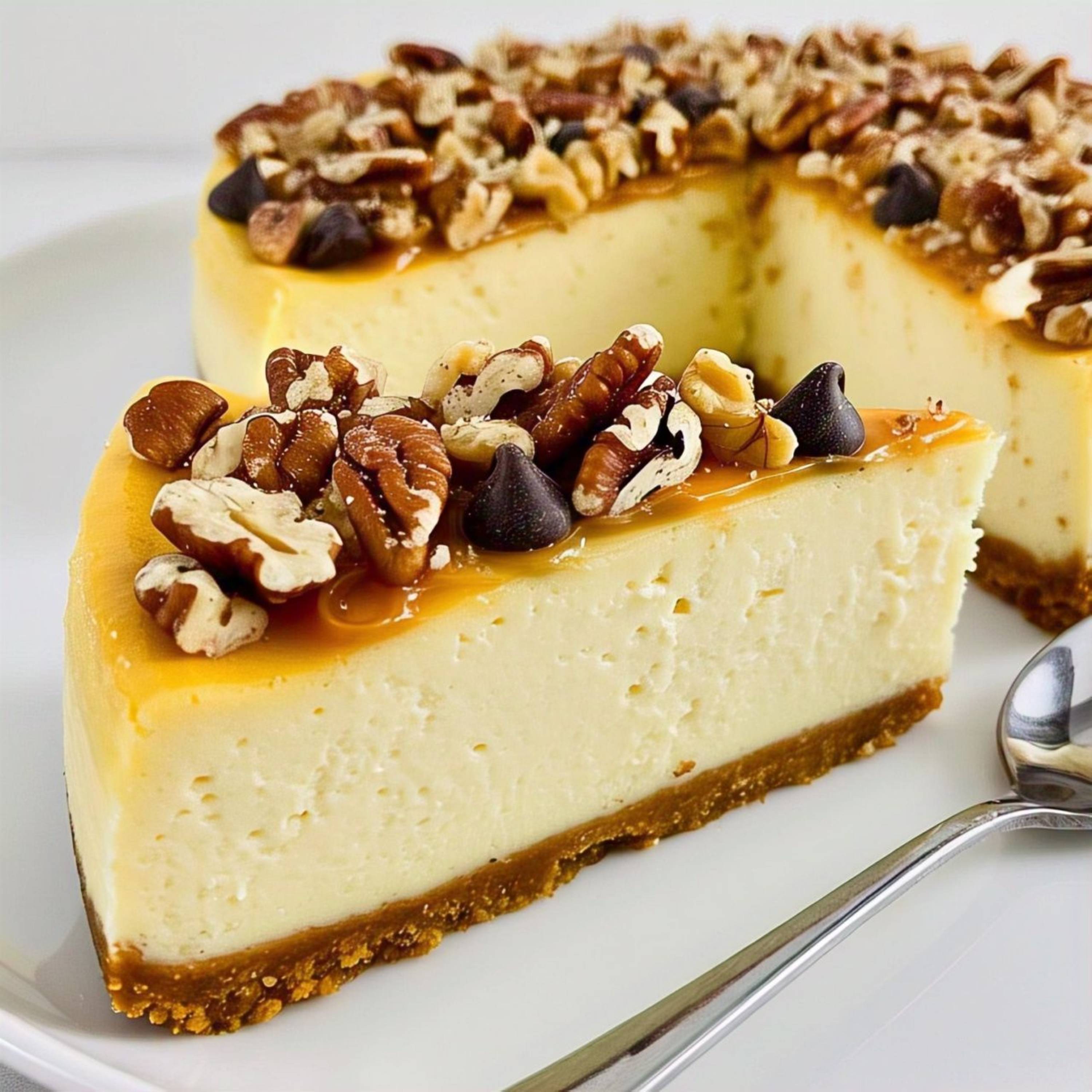Sugar-Free Turtle Cheesecake Andy Anand Freshly Baked 9" cake with chocolate chips & nuts on white plate, Natural Ingredients