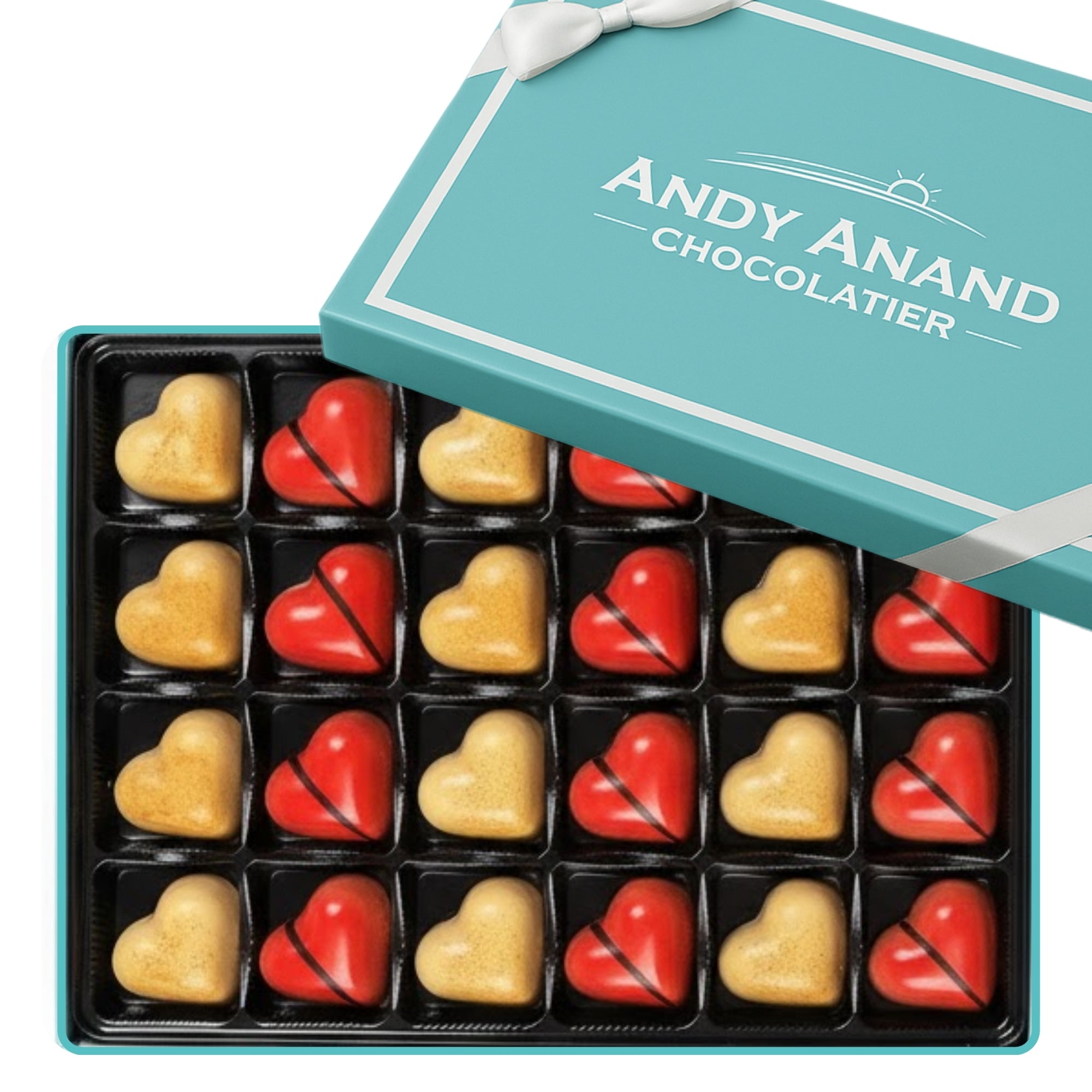 Andyanand Food & Beverages > Desserts & Sweets > Chocolate Andy Anand White Chocolate Heart Gift Box, 24 pc, 60% Cocoa – Gluten-Free, Silky Smooth, Valentine's Day, Anniversary & Special Gift White Chocolate Heart Gift Box 24 pc | Ships Nationwide