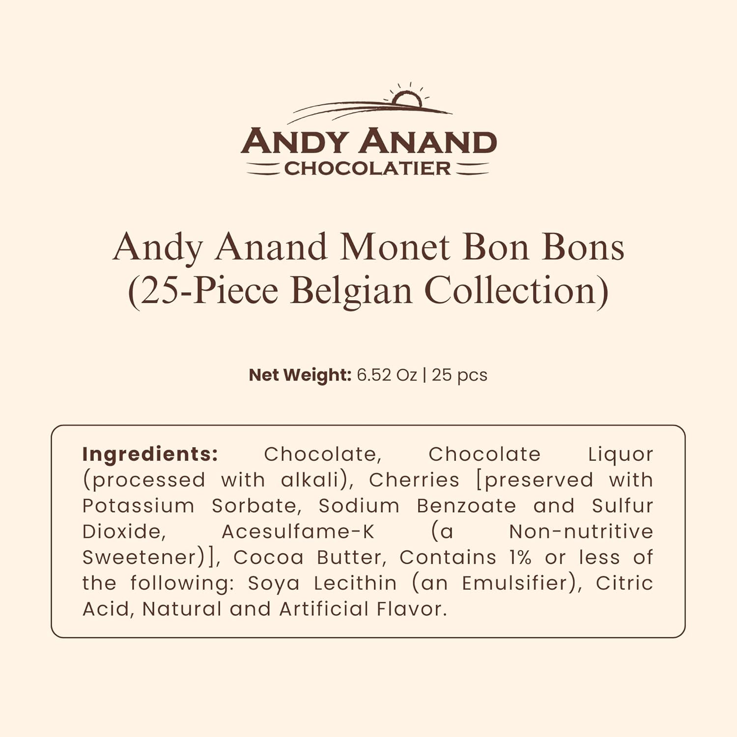 Andyanand Food & Beverages > Desserts & Sweets > Chocolate Andy Anand Monet Chocolate Bonbons Gift Box, 25 pc, 6.52 oz – Gluten-Free Belgian Truffles & Pralines, Birthday & Holiday Gift Collection Belgian Chocolate Bonbons 25 pc | Gluten-Free, Nationwide