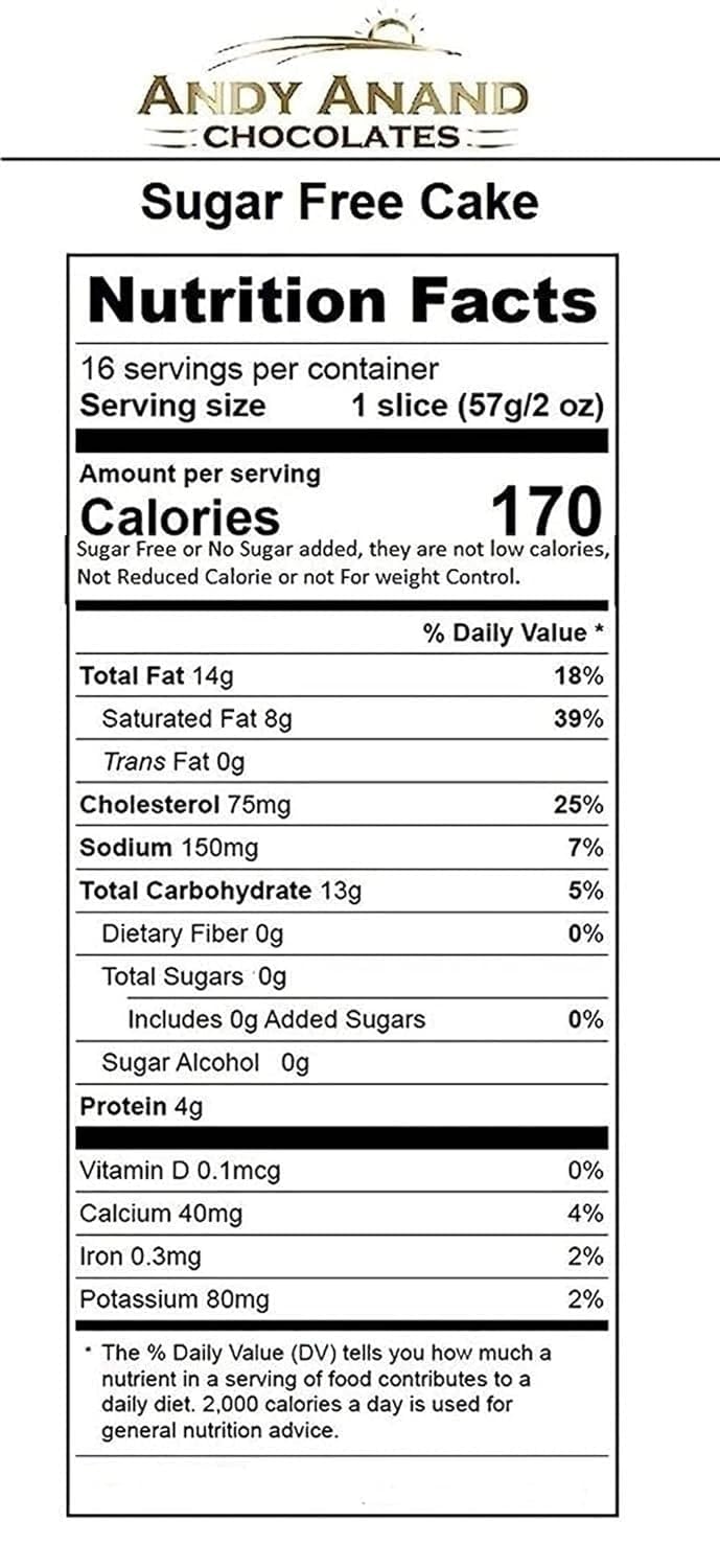 Nutrition facts label for Andy Anand Deliciously Indulgent Sugar Free Orange Cake showing serving size, calories, and nutrient details