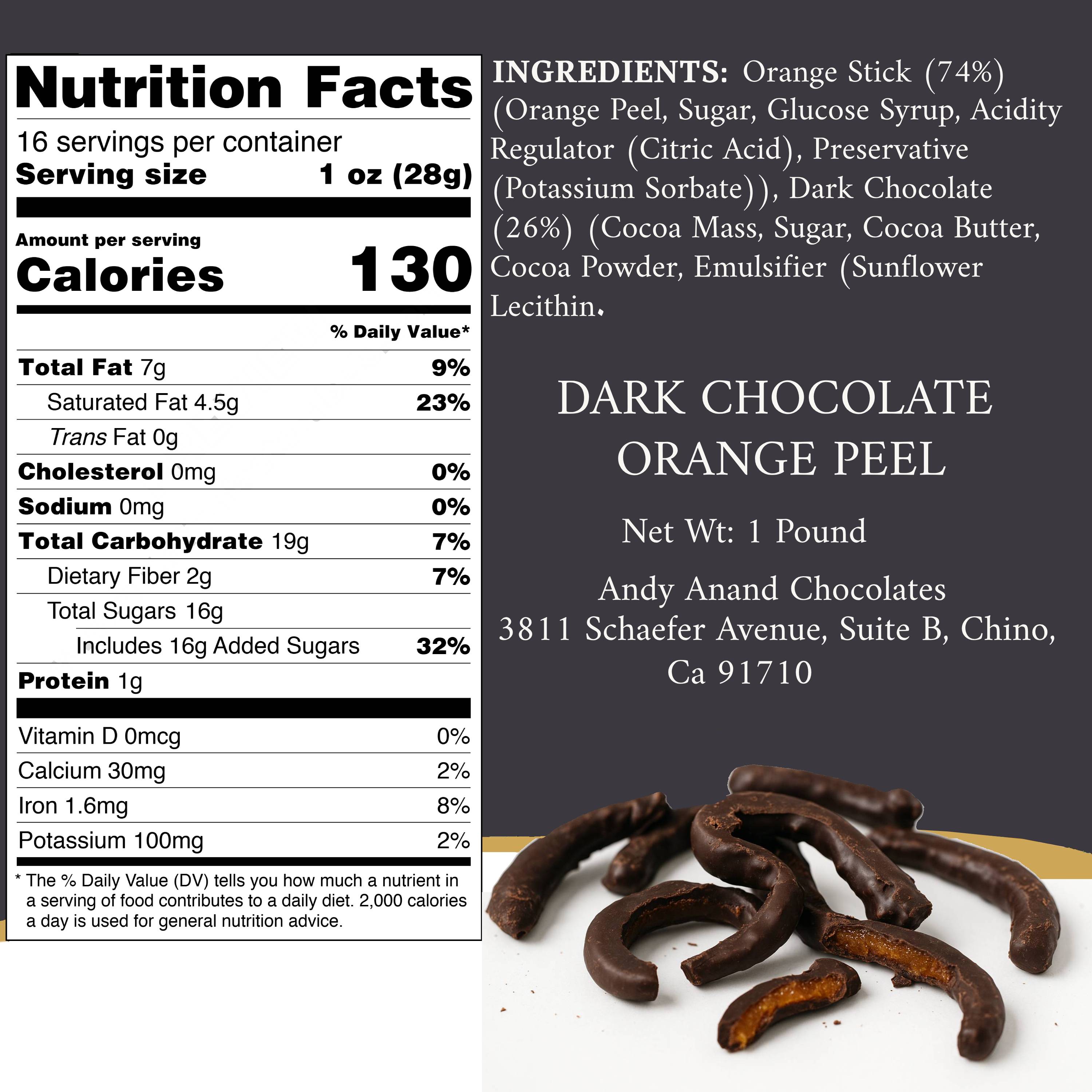 Andy Anand Dark Chocolate Orange Peels 1 lb, decadent gift box, rich chocolate treat, elegantly packed nutritional facts.