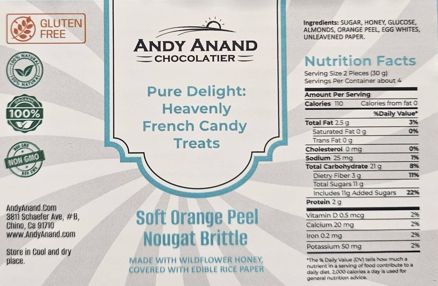 Andy Anand Chocolatier Nougat Candy – Soft Orange Peel Brittle with Roasted Almonds & Wildflower Honey from Spain – Gluten Free, Vegan, Dairy & Soy Free Gourmet Snack, 7 Oz Box