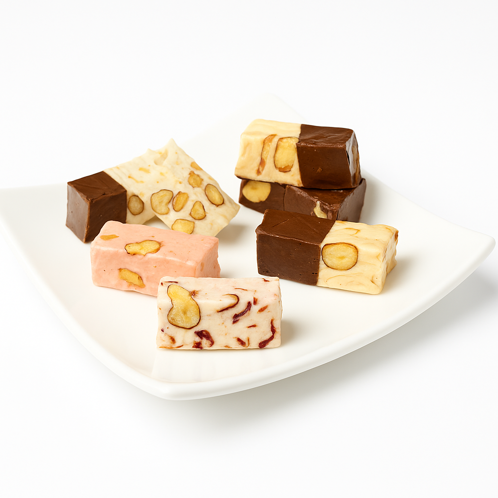 Andy Anand Chocolates Food & Beverages > Desserts & Sweets > Nougat Andy Anand Roasted Almond Soft Nougat Brittle, 28 pc, 7 oz – European Turron Style, Gluten-Free, All-Natural, Birthday & Holiday Gift Box Roasted Almond Soft Nougat Brittle 28 pc | Nationwide