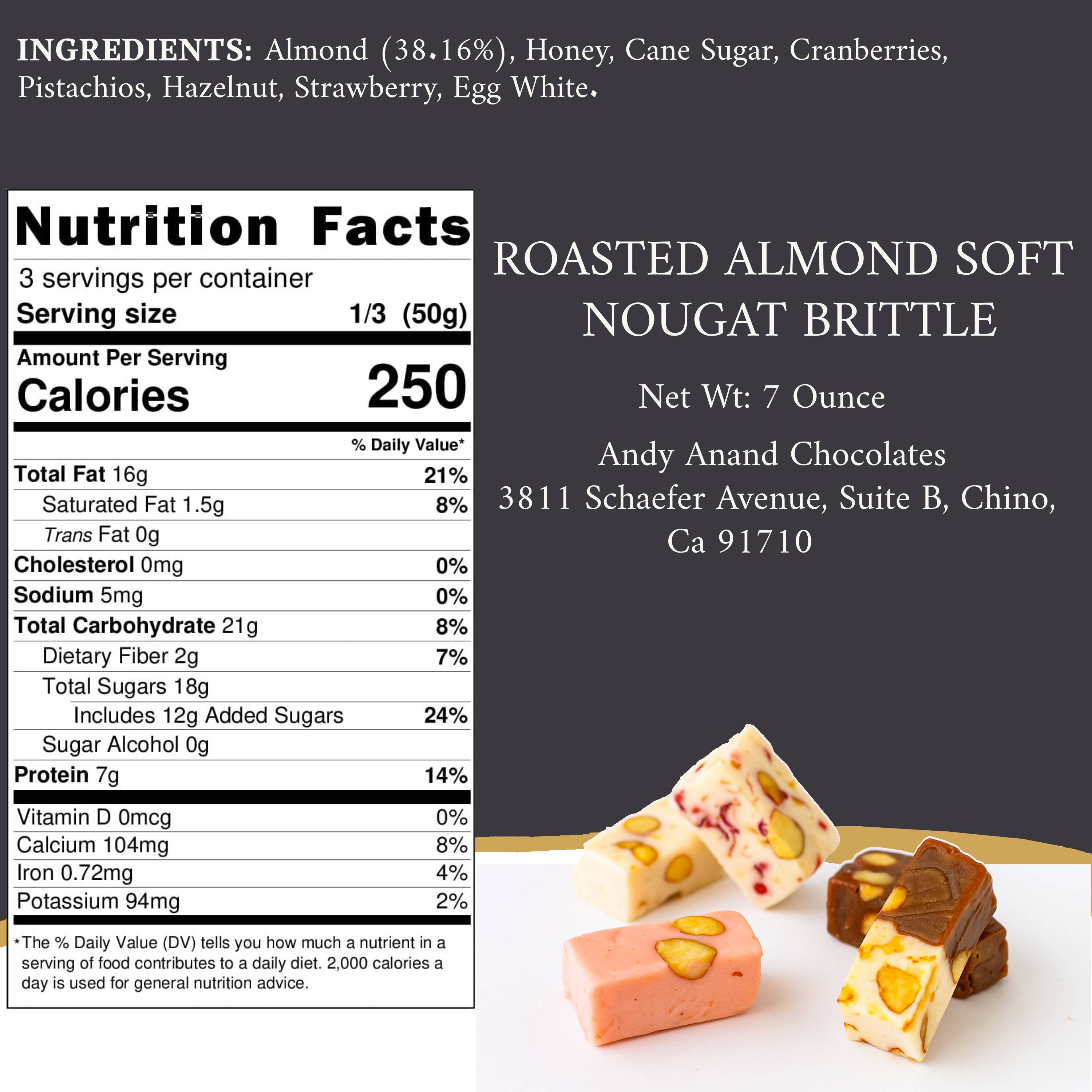 Andy Anand Chocolates Food & Beverages > Desserts & Sweets > Nougat Andy Anand Roasted Almond Soft Nougat Brittle, 28 pc, 7 oz – European Turron Style, Gluten-Free, All-Natural, Birthday & Holiday Gift Box Roasted Almond Soft Nougat Brittle 28 pc | Nationwide