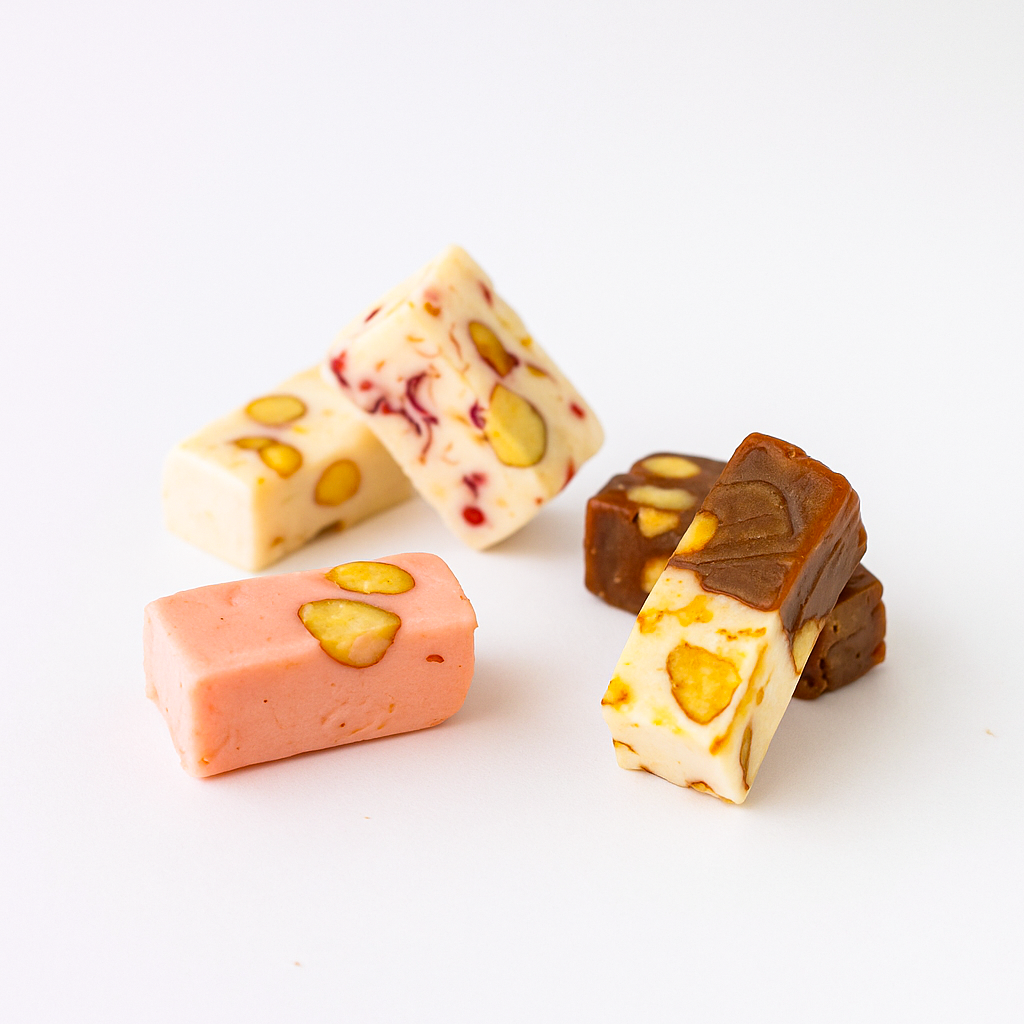 Traditional turron almond nougat, 28 pieces, gourmet treat arranged in a beautiful pattern, used for celebrations