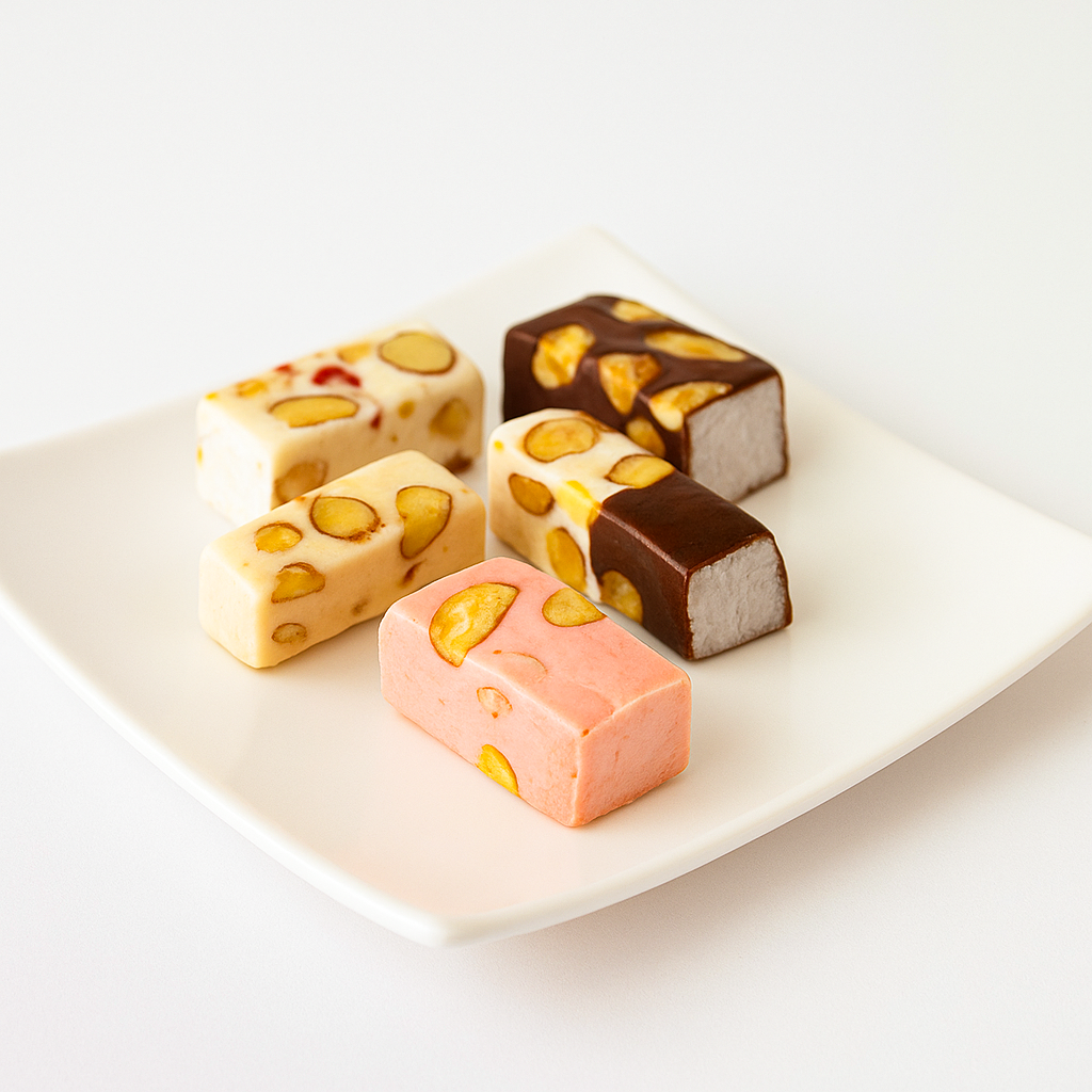 European-style soft almond and Bite-sized roasted almond nougat arranged beautifully on a tray.