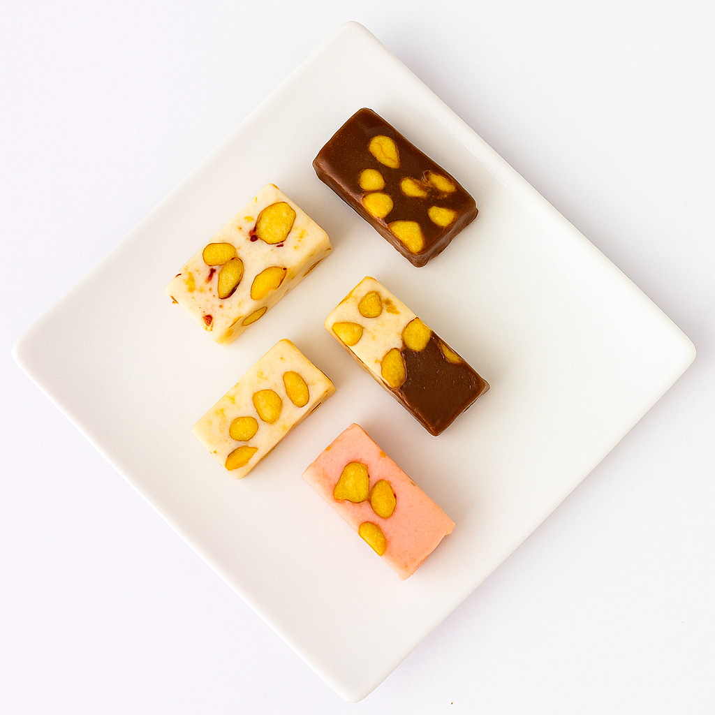 Andy Anand soft nougat with roasted almonds, 7 oz, arranged in a beautiful tray perfect for any ossacian.