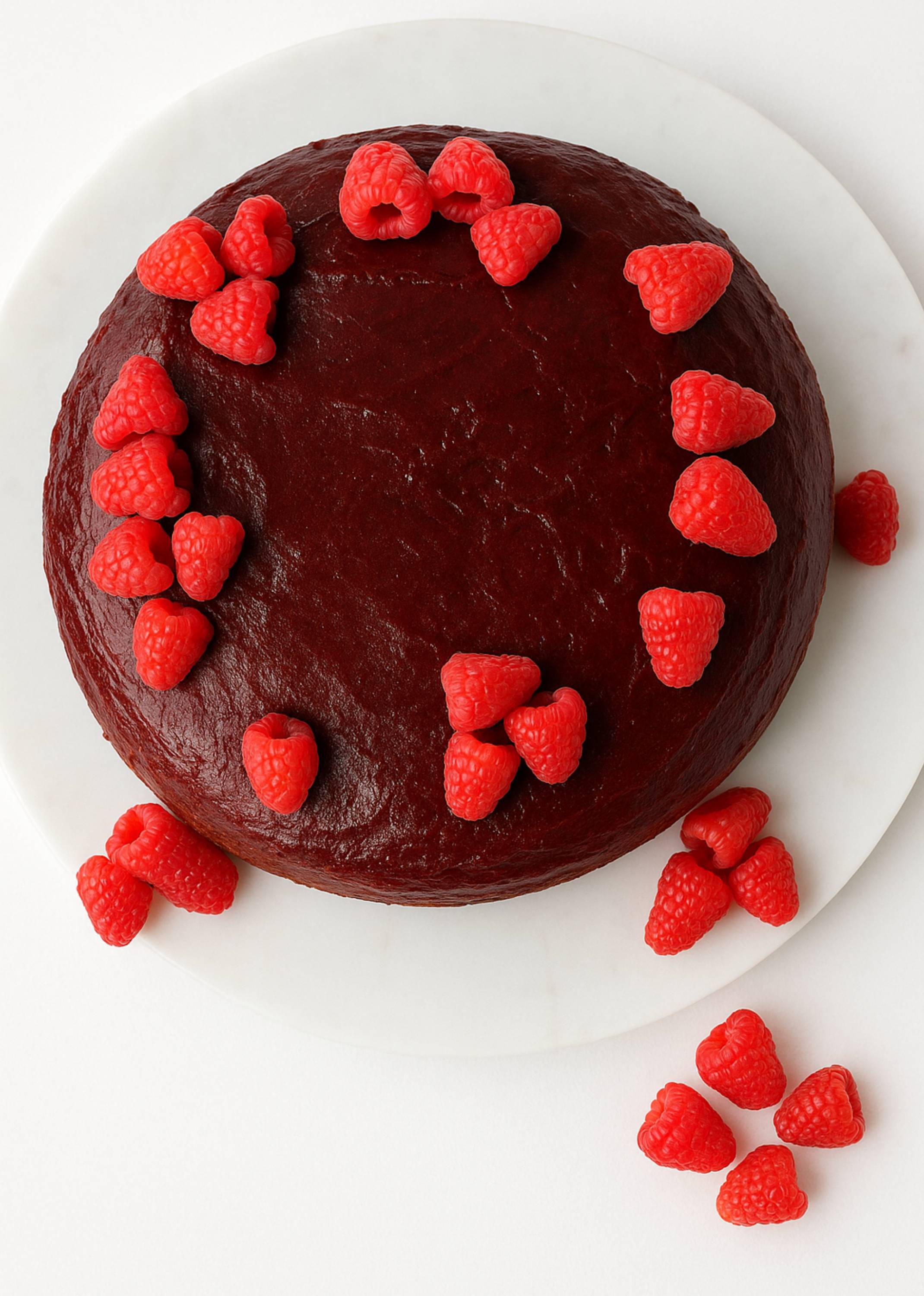 Andy Anand sugar-free 9" raspberry chocolate truffle cake, freshly baked, creamy, moist, beautifully plated.