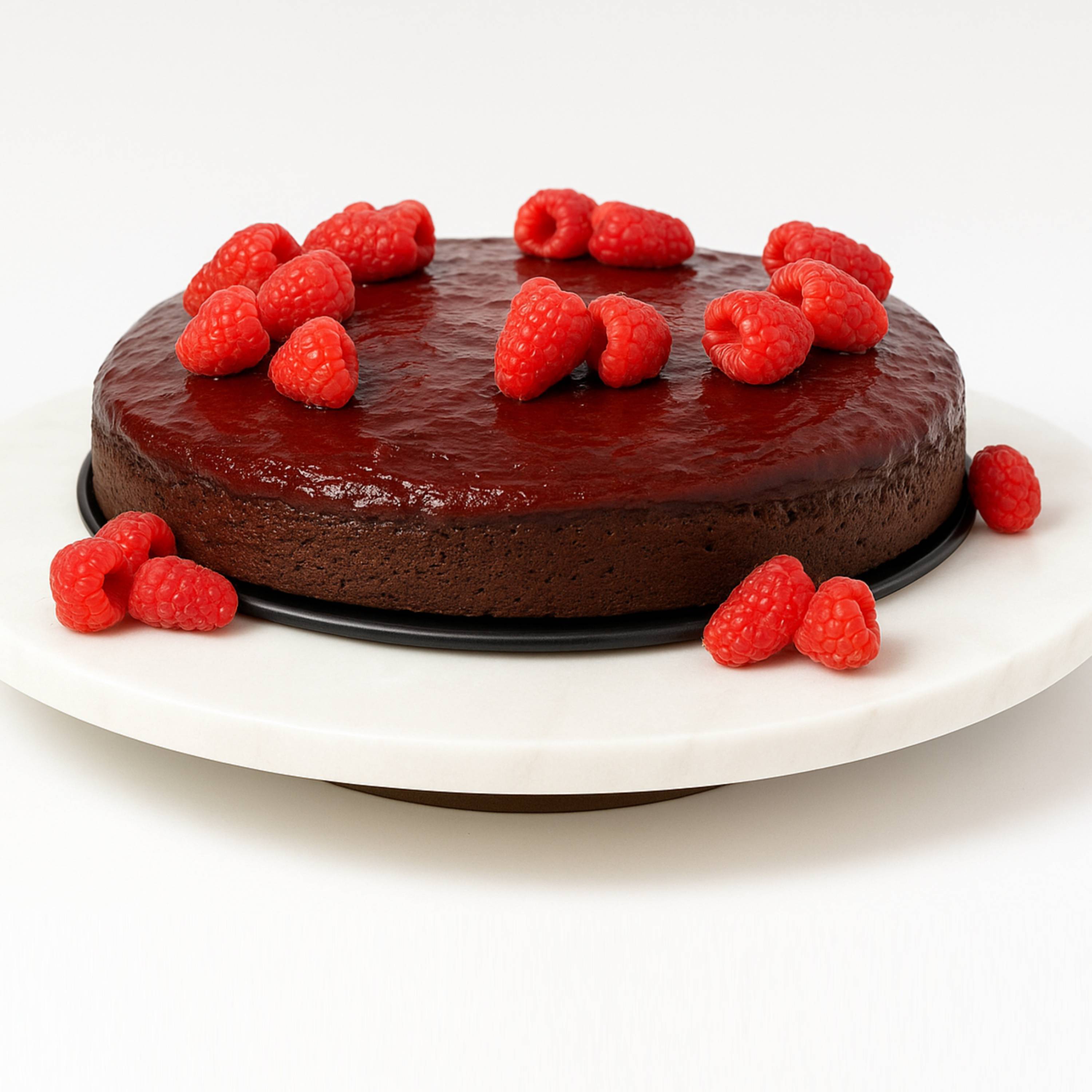 Raspberry chocolate truffle cake 9" by Andy Anand, gluten-free, sugar-free, freshly baked, and plated aesthetically.