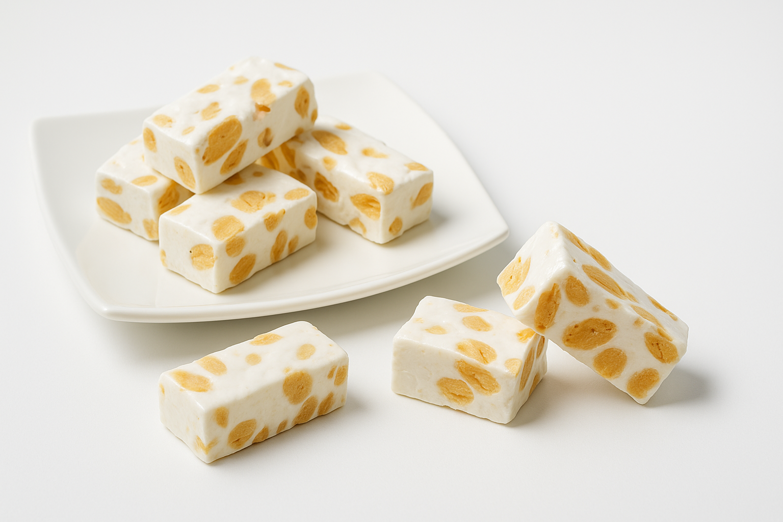 European sugar-free almond nougat brittle, plated elegantly, perfect for gifting or indulgent snacking.