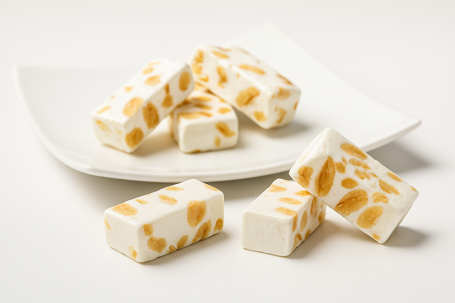 Gluten-free almond brittle nougat Turron, sugar-free, elegantly arranged on a plate for gifting.