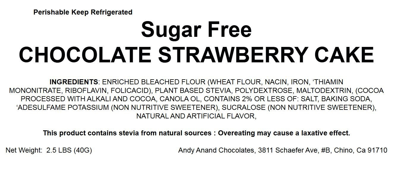 Andy Anand Delicious Sugar Free Chocolate Strawberry Cake in reusable serving tray, 9 inch, 2.5 lbs, no sugar added dessert.