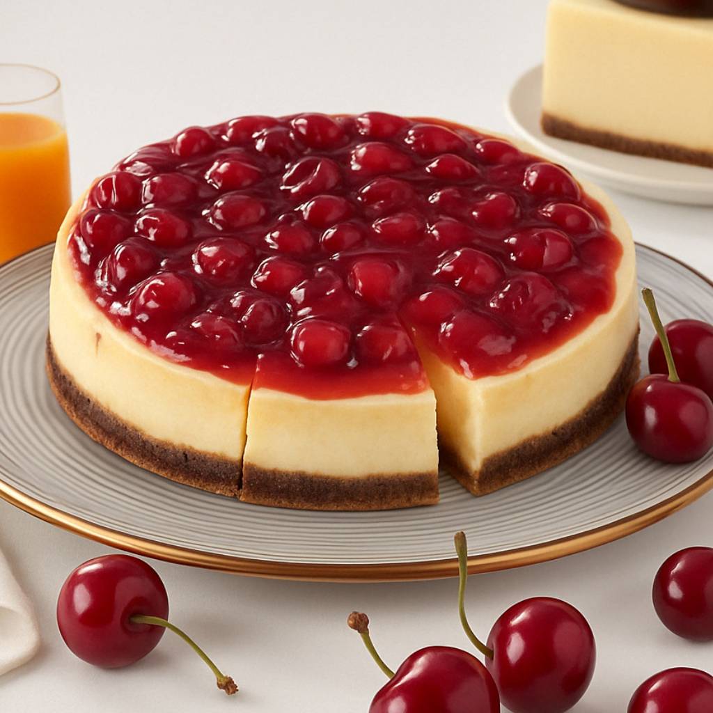 Andy Anand Freshly Baked traditional cherry cheesecake topped with glossy cherries on a plate