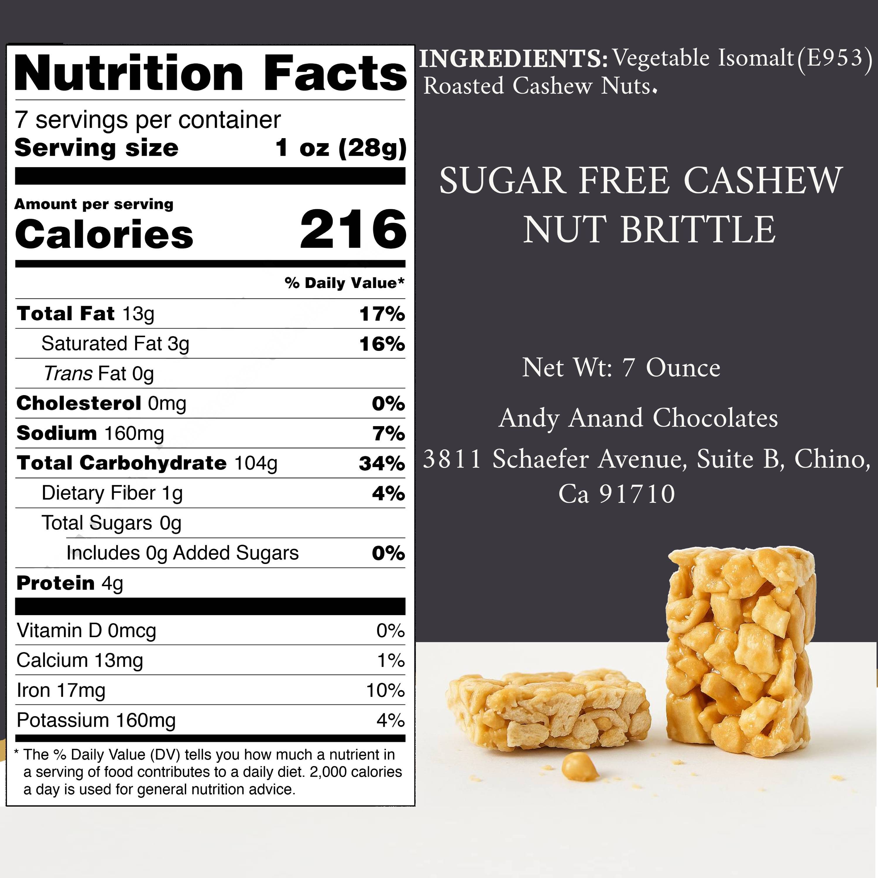 Andy Anand Noix de cajou sans sucre - 7 oz Des friandises décadentes pour satisfaire vos envies, des noix de cajou saines sans sucre ajouté