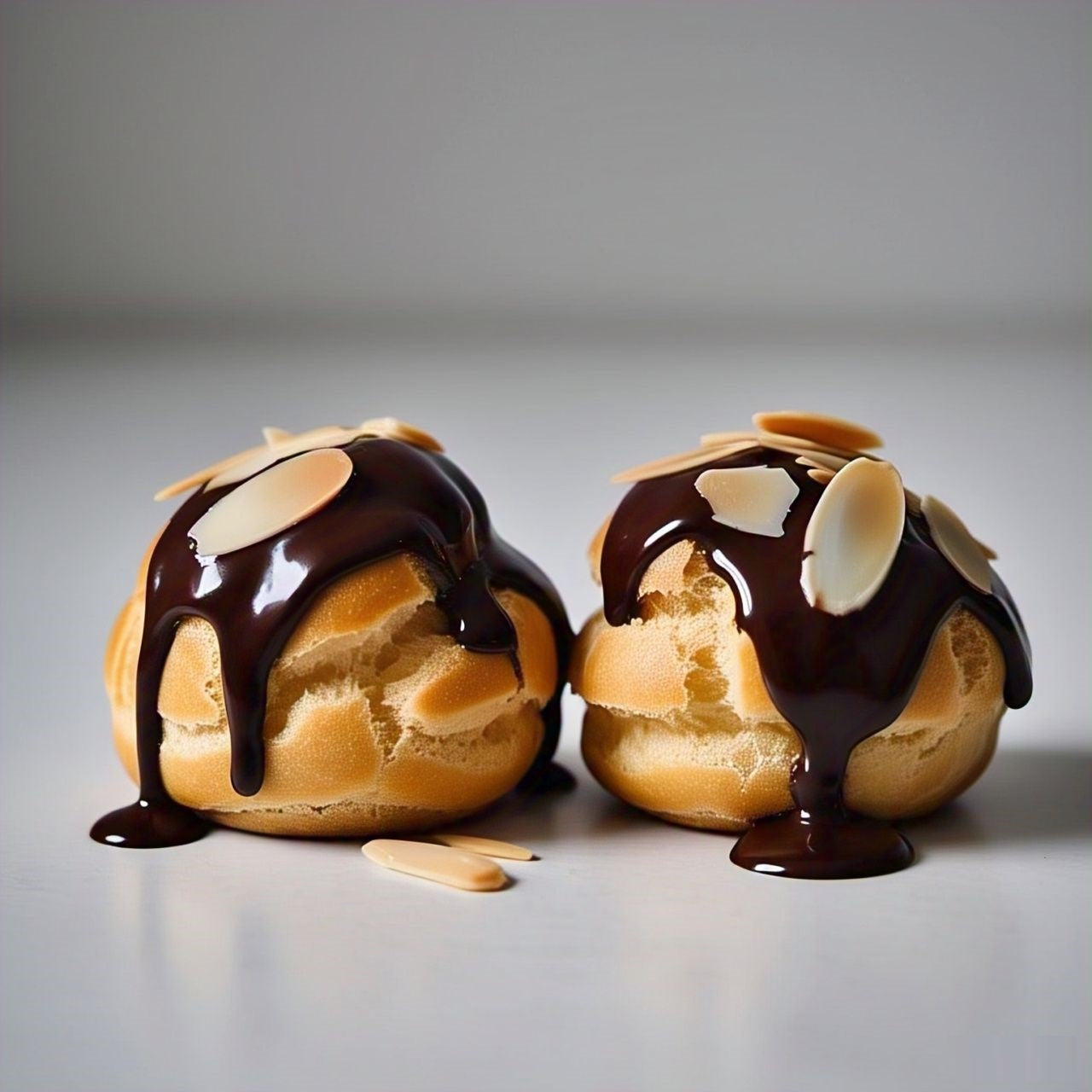 Andy Anand sugar free dark chocolate profiteroles topped with almond slices, a decadent dessert experience.