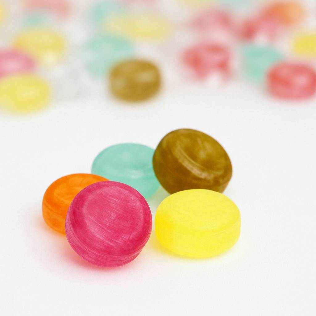 Sugar-free fruit hard candies 80 pcs, low calorie, gluten-free, arranged in an aesthetic pattern, best for children.