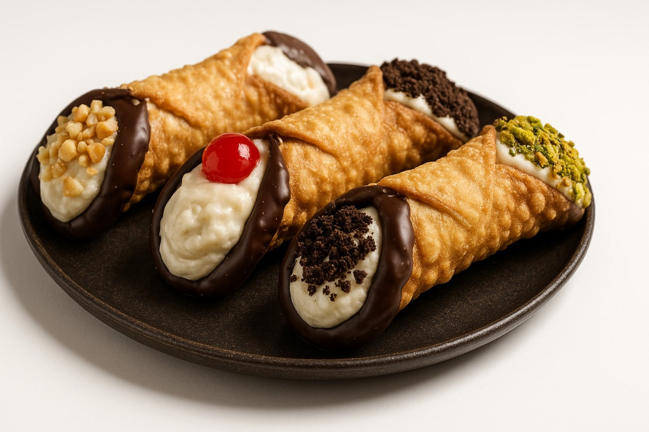 Chocolate Cannoli, 8 pcs, Italian Sicilian creamy dessert, 4 flavors, perfect for gifting & celebrations &beautifully plated.
