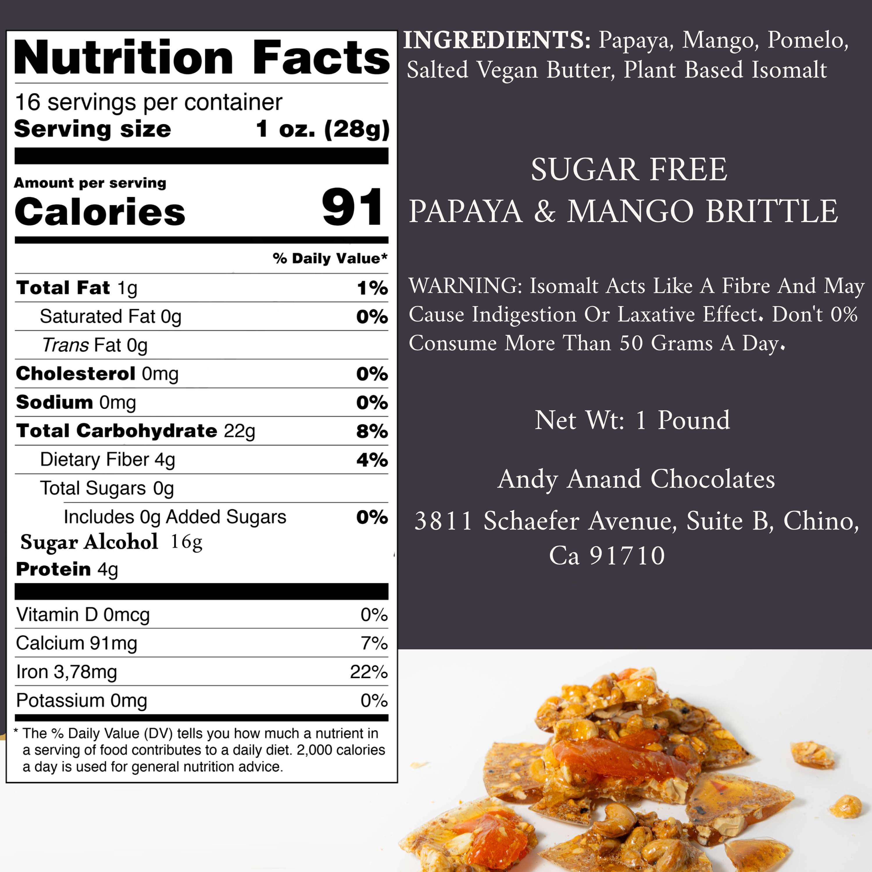 Andy Anand's Sugar Free Papaya, Mango, Pomelo Brittle-Croccante, Imported from Italy, a Crunchy Delight that Melts in Your Mouth! 1 lbs