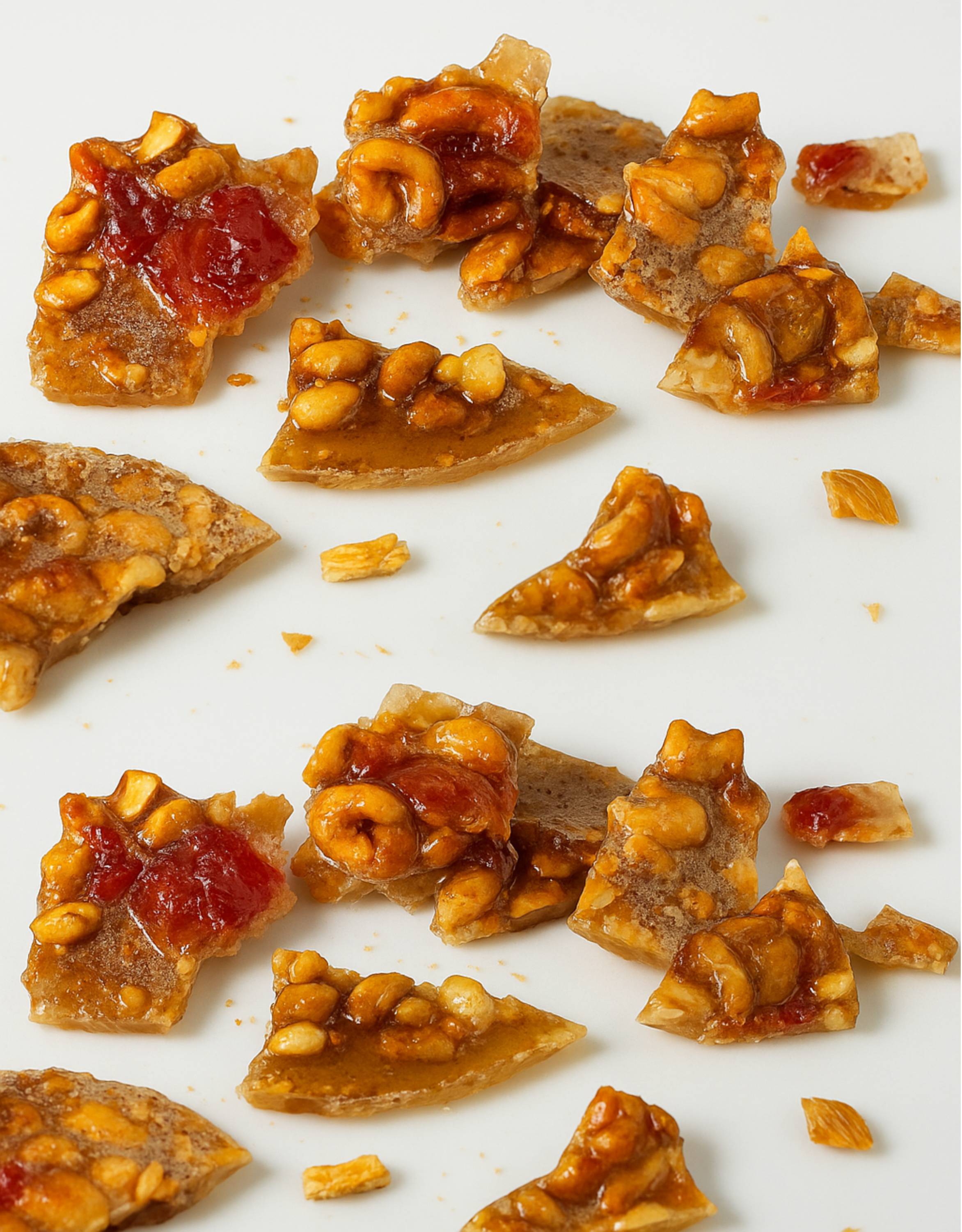 Andy Anand 1 lb sugar-free fruit brittle, Italian croccante with papaya, mango & pomelo, visually styled.