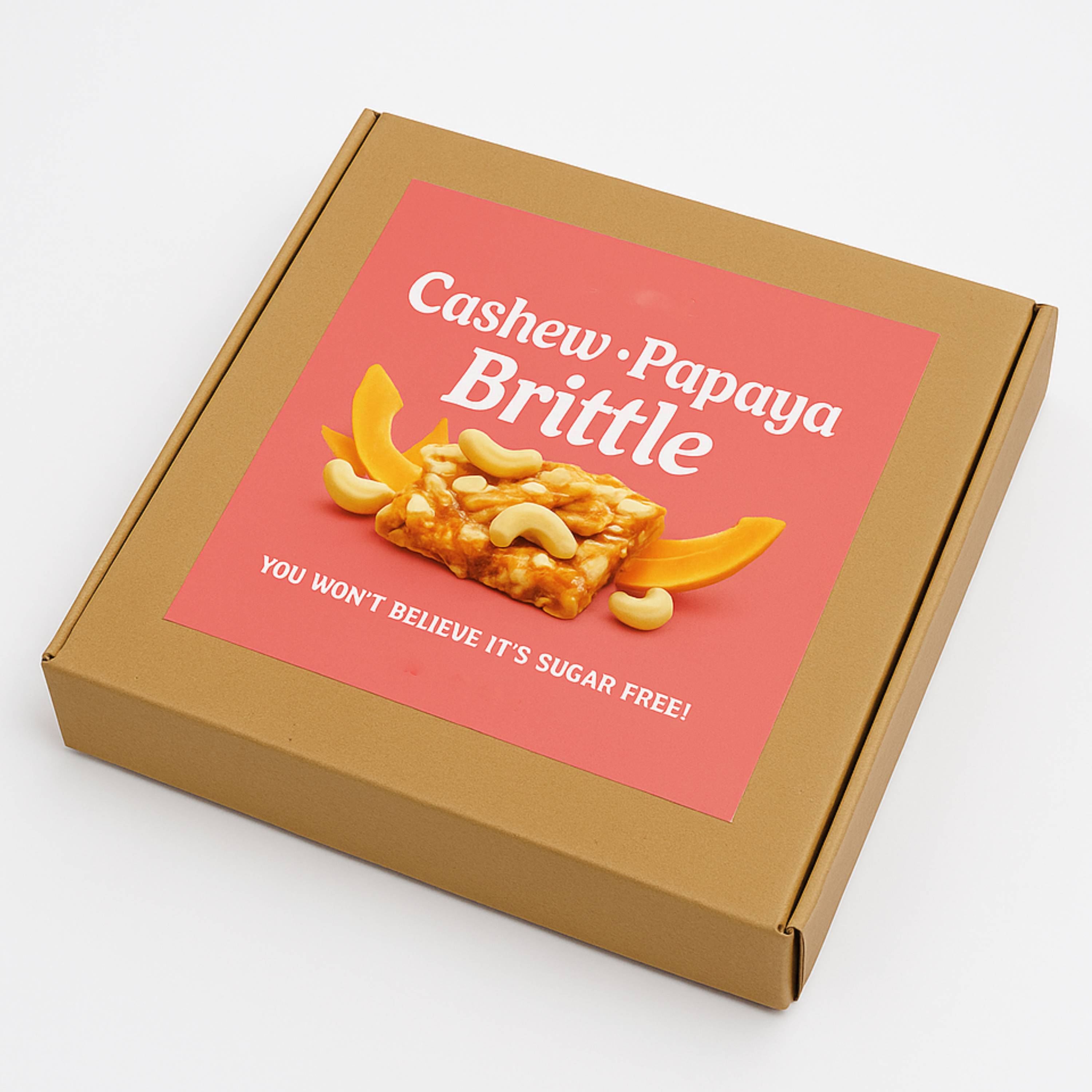 Andy Anand sugar-free fruit brittle 1 lb with papaya, mango & pomelo, Italian croccante packed in a gift box.