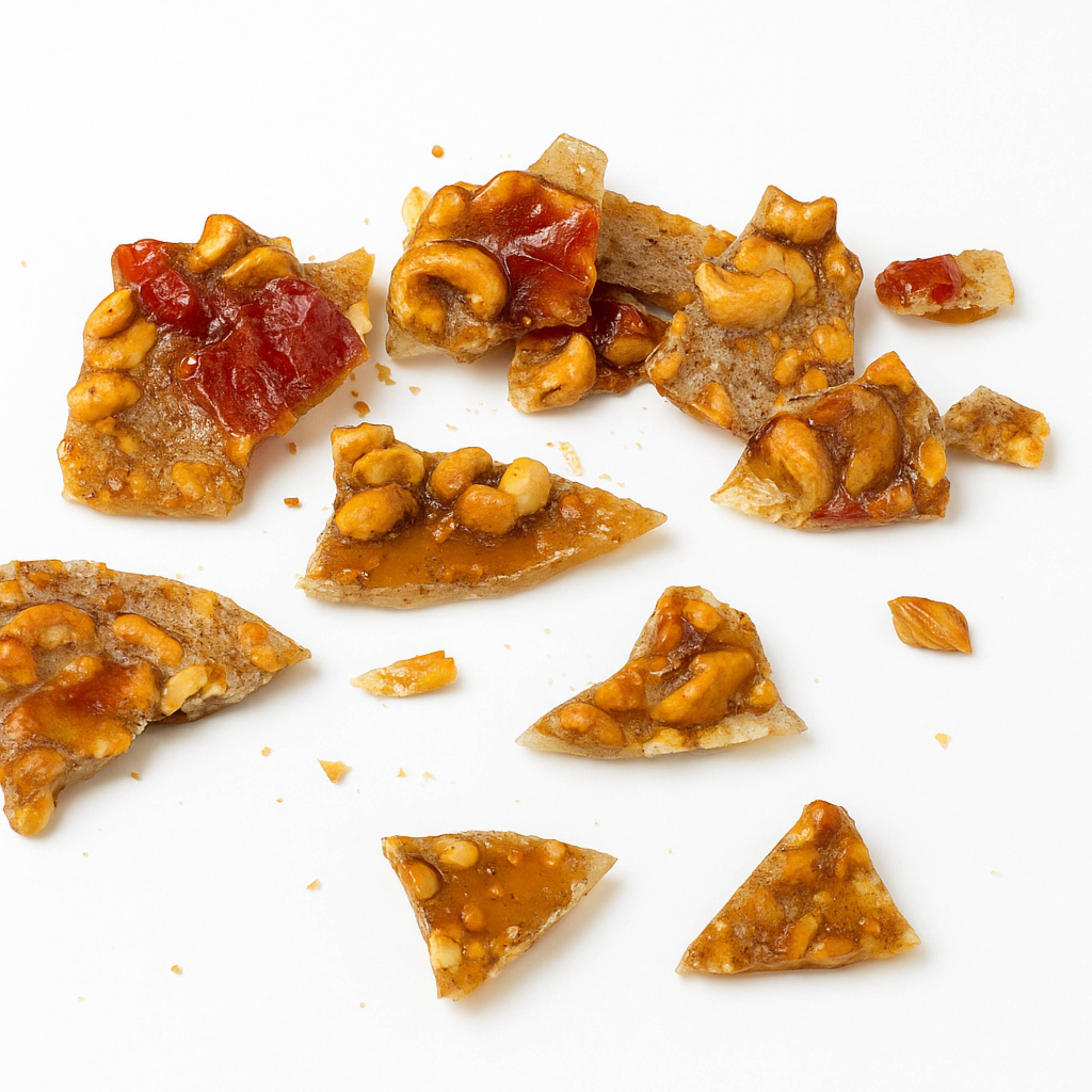 Andy Anand sugar-free fruit brittle 1 lb with papaya, mango & pomelo, Italian croccante arranged for gifting.