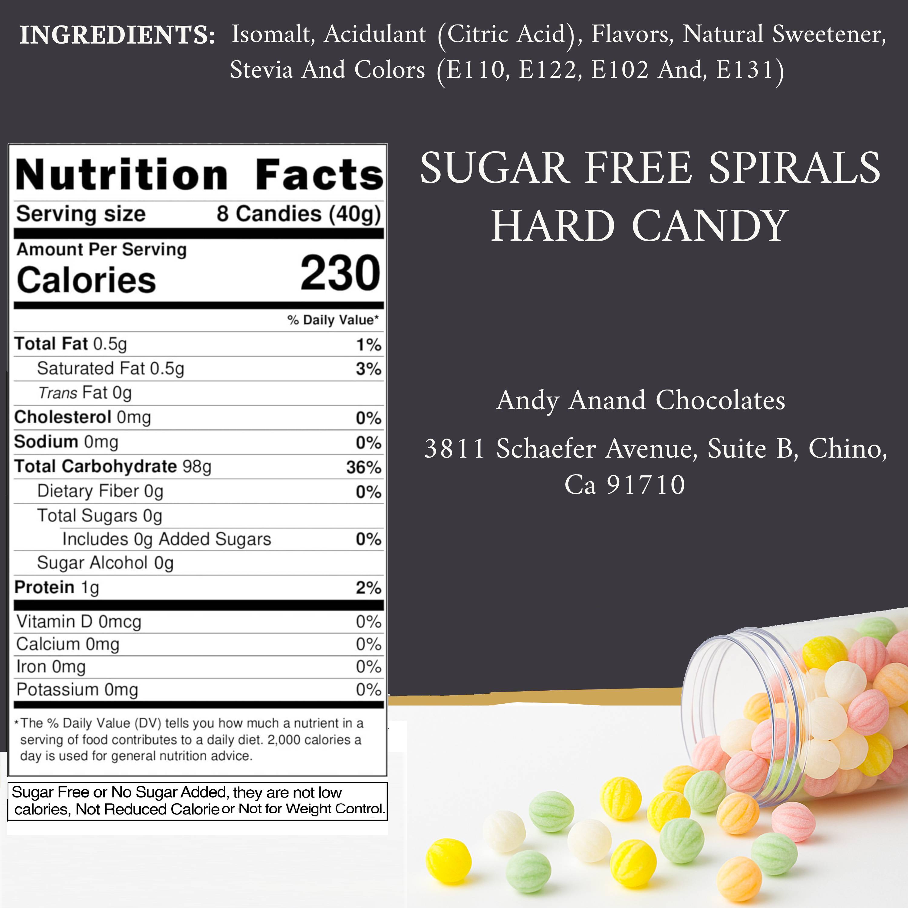 Andy Anand Chocolates Food & Beverages > Desserts & Sweets > Sugar Free Candy Andy Anand Sugar-Free Spiral Hard Candy, 110 pc, 7 oz – 5 Assorted Flavors, Made in Spain, Stevia Sweetened, Keto & Diabetic-Friendly Gift Sugar-Free Spiral Candy 110 pc 7 oz | Nationwide