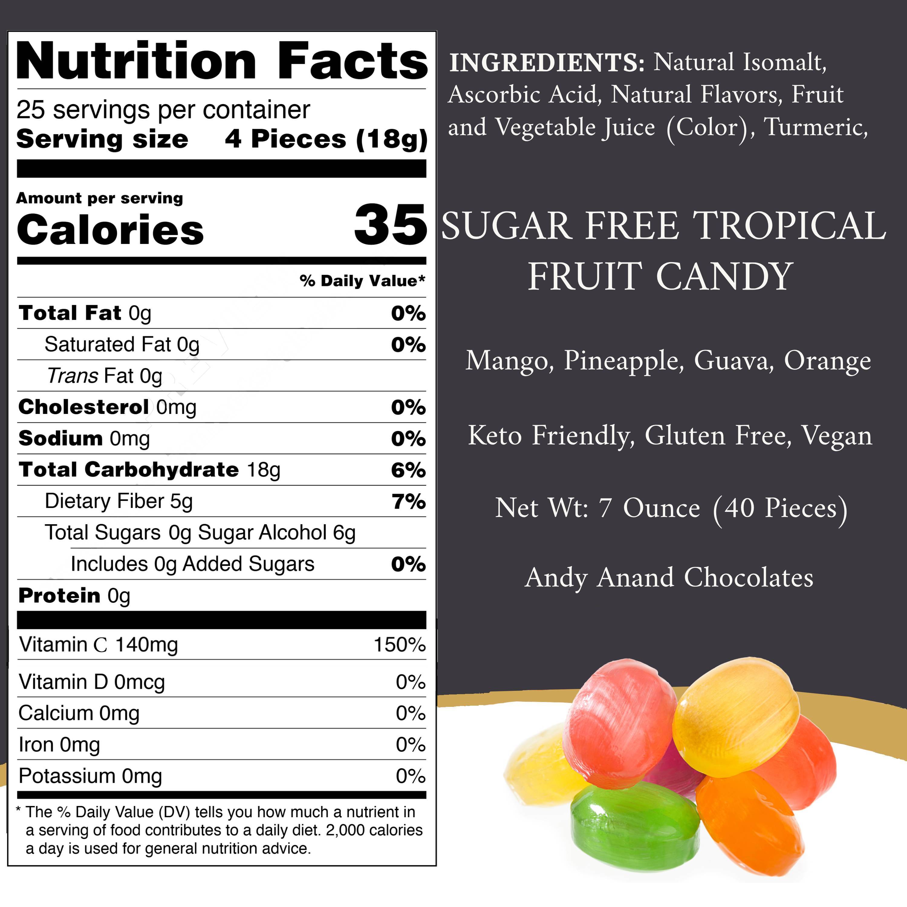 Andy Anand Chocolates Food & Beverages > Desserts & Sweets > Sugar Free Candy Andy Anand Sugar-Free Tropical Fruit Hard Candy with Vitamin C, 40 ct, 7 oz – Low-Calorie, Keto, Gluten-Free, Diabetic-Friendly Gift Box Sugar-Free Tropical Fruit Candy + Vitamin C 40 ct