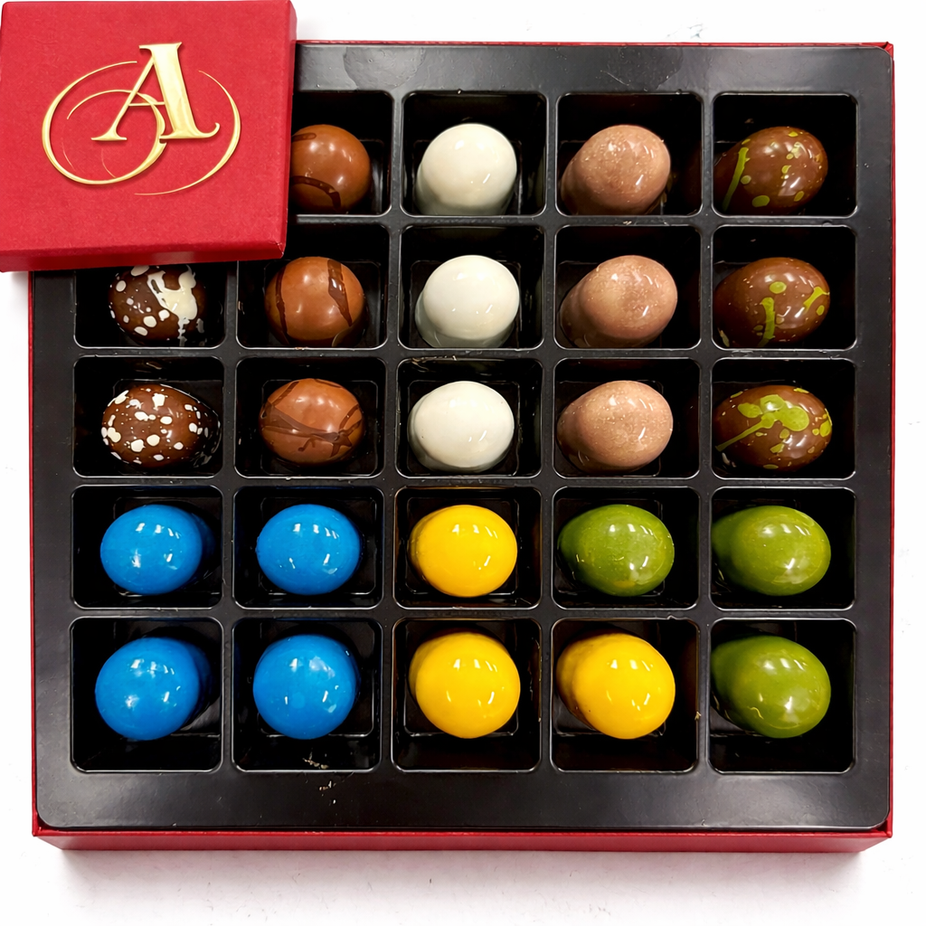 Andyanand Food & Beverages > Desserts & Sweets > Chocolate > Sugar Free Andy Anand Sugar-Free Monet Chocolate Truffles & Pralines, 25 pc – 60% Cacao, Keto & Diabetic-Friendly, Luxury Birthday & Holiday Gift Box Sugar-Free Belgian Truffles 25 pc | SoCal Chocolatier