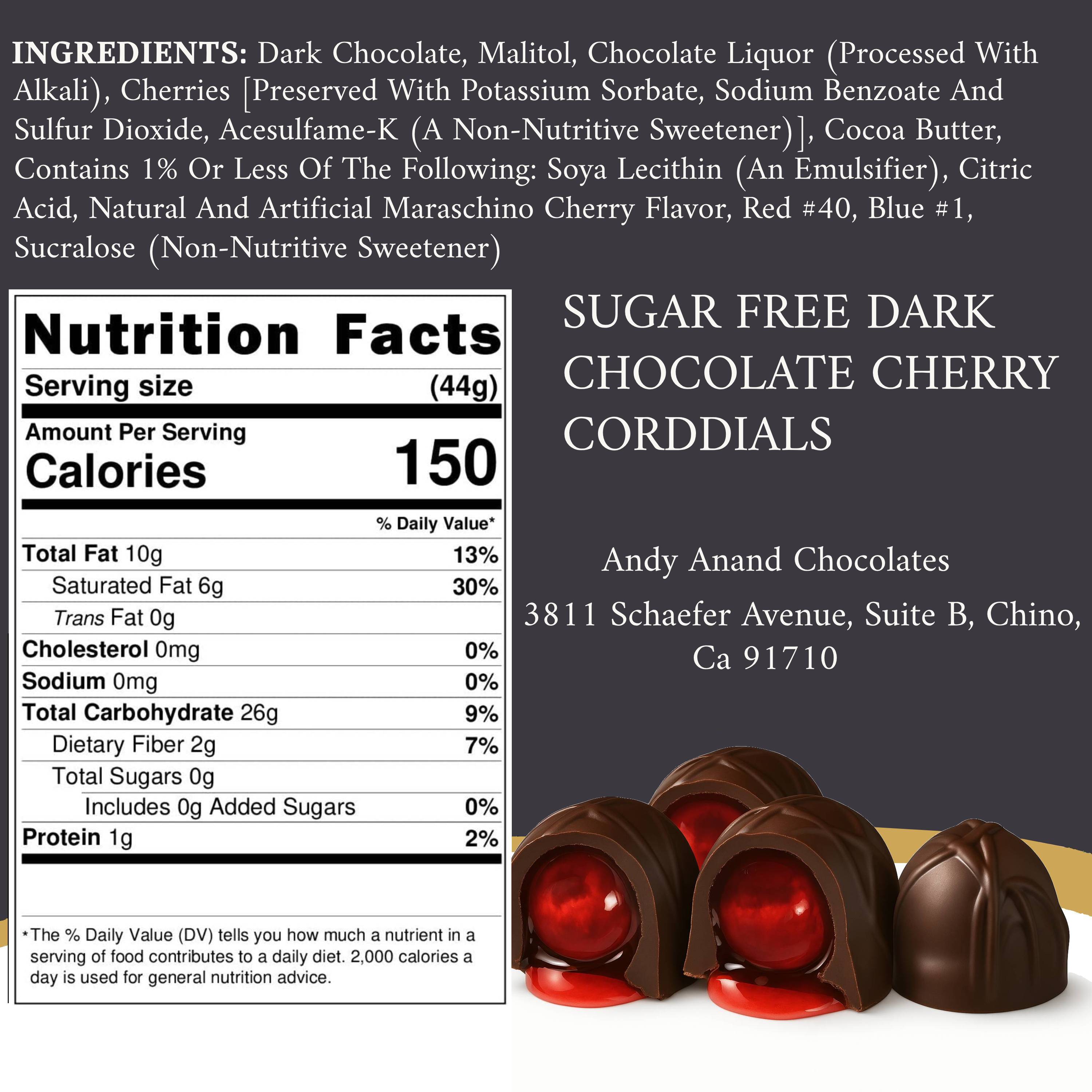 Andy Anand Chocolates Food & Beverages > Desserts & Sweets > Chocolate > Sugar Free Andy Anand Sugar-Free Cherry Cordial Dark Chocolate Truffles, 48 pc – Vegan, 60% Cocoa Butter, Diabetic-Friendly Valentine's & Birthday Gift Sugar-Free Cherry Cordial Dark Truffles 48 pc
