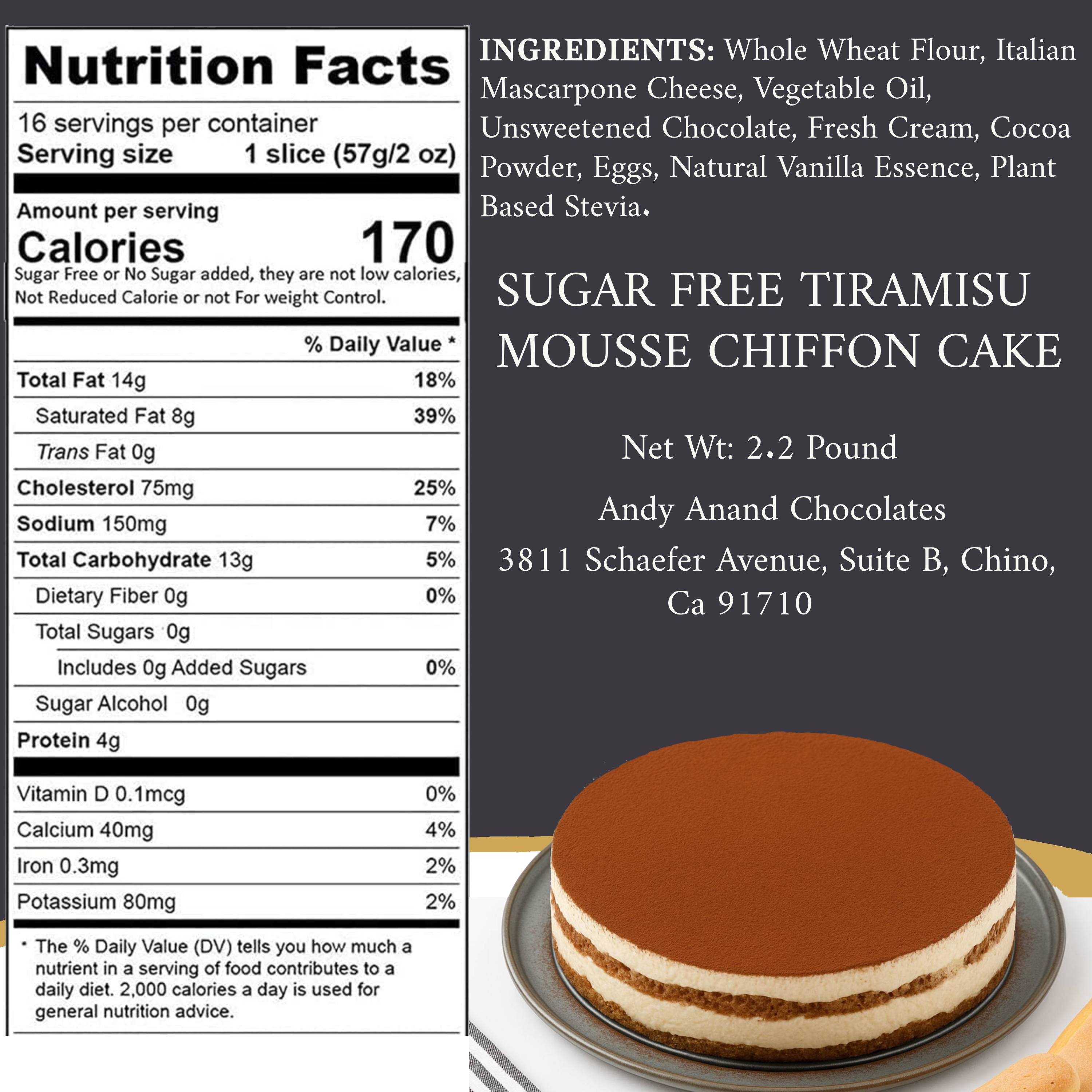 Andy Anand Chocolates Food & Beverages > Desserts & Sweets > Cakes > Sugar-Free Cakes Andy Anand Sugar-Free Tiramisu Mousse Chiffon Cake, 2.2 lb – Coffee Sponge, Mascarpone Mousse, Keto & Diabetic-Friendly Birthday Gift Box Sugar-Free Tiramisu Mousse Cake | Keto, Nationwide