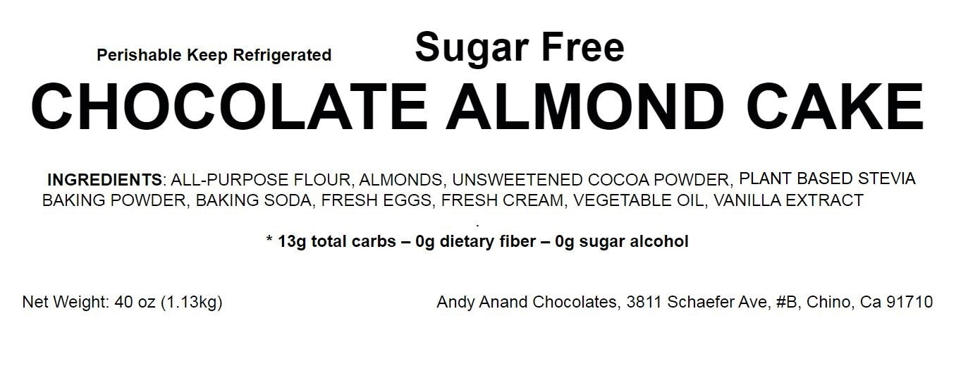 Andy Anand Sugar Free Chocolate Almond Cake Sweetened with Stevia, Guilt Free Sweetness In No Sugar Added Cakes From Bakery (2.5 lbs)
