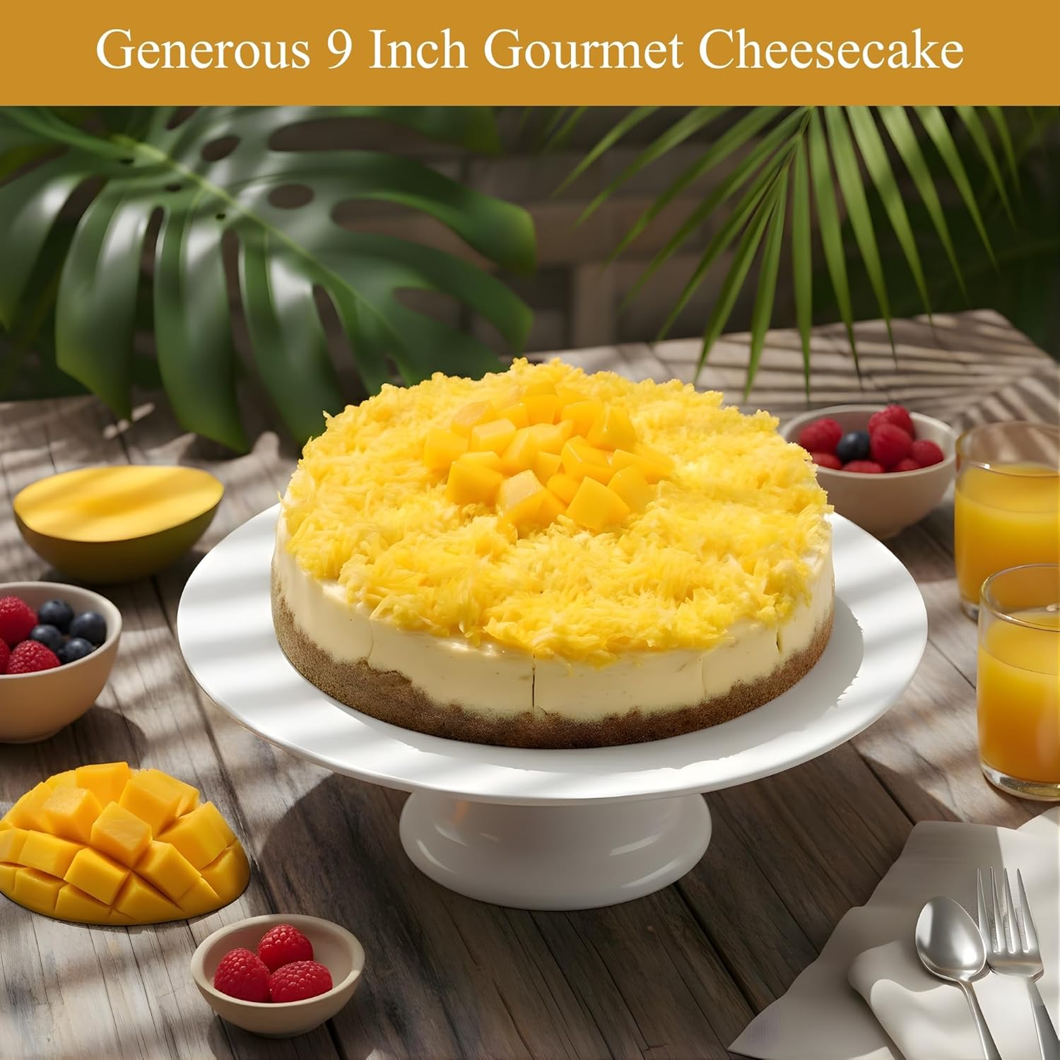 Andyanand Food & Beverages > Desserts & Sweets > Cakes > Sugar-Free Cheesecakes Andy Anand Sugar-Free Coconut Mango Cheesecake, 9-Inch, 2.6 lb – Tropical Flavors, Keto & Diabetic-Friendly, California Cream Cheese Gift Sugar-Free Coconut Mango Cheesecake | Ships Nationwide