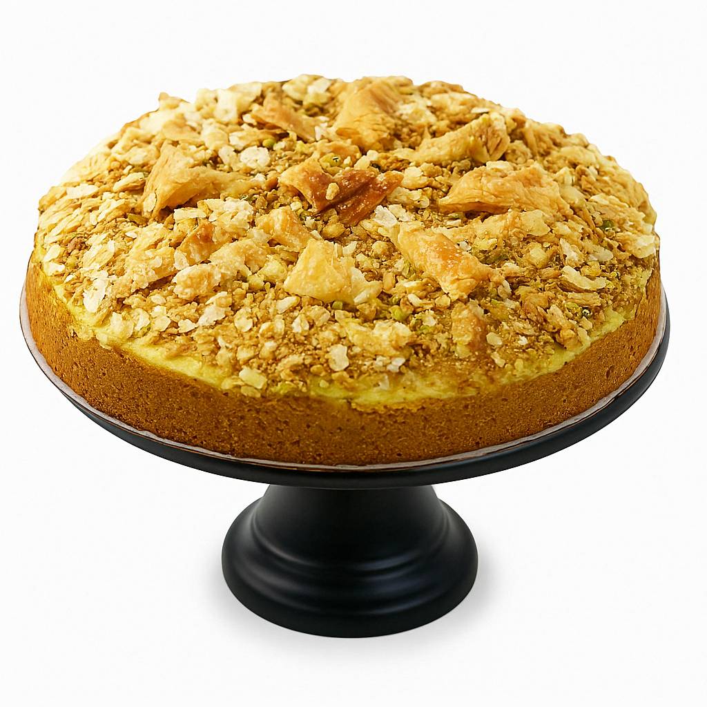 Andy Anand 9-inch Baklava Pistachio cake, decadent 2.8 lb dessert, plated elegantly for fresh cake delivery.