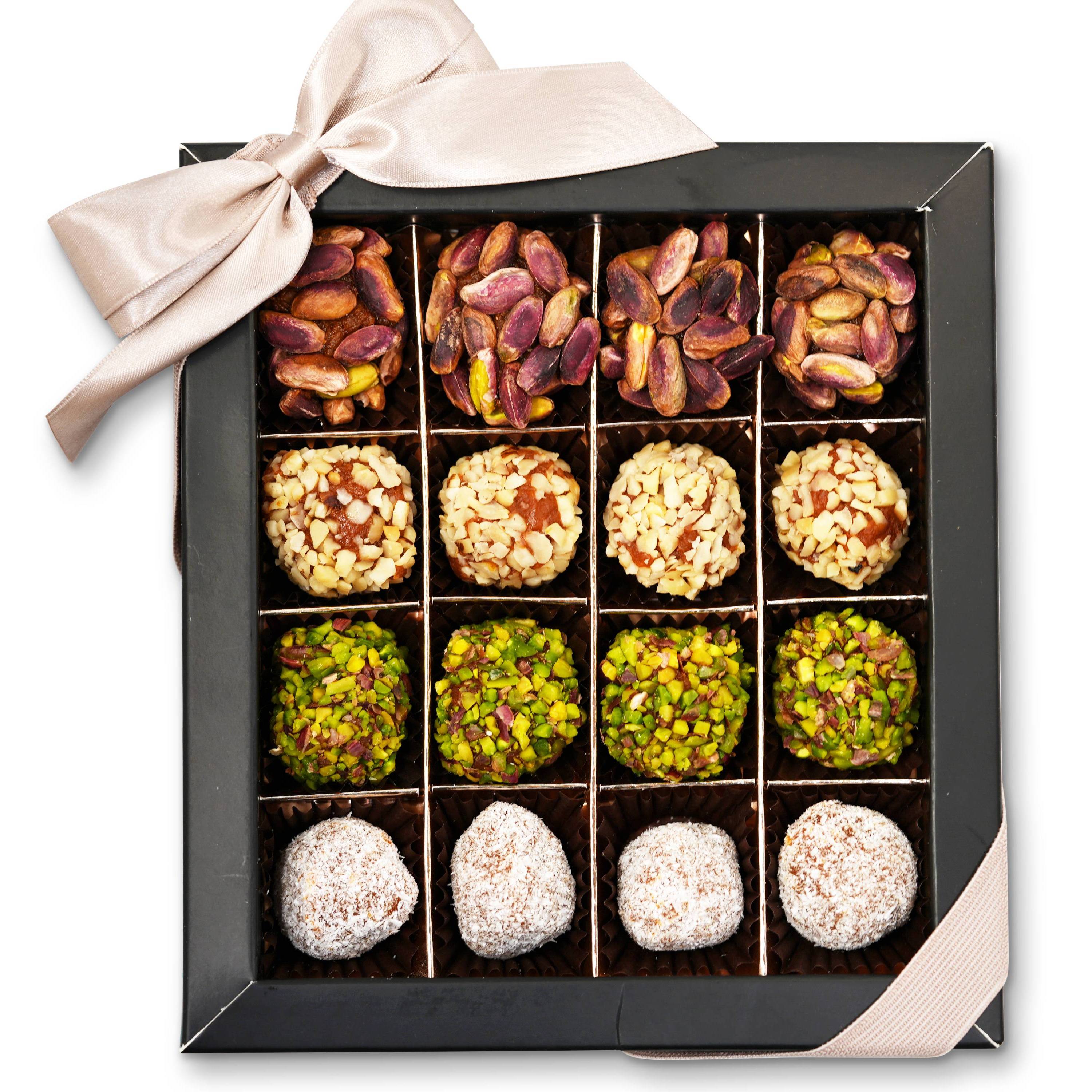 Sugar Free Truffles by Andy Anand with natural dates, pistachio, hazelnut, and coconut, 16 pcs, beautifully packed.