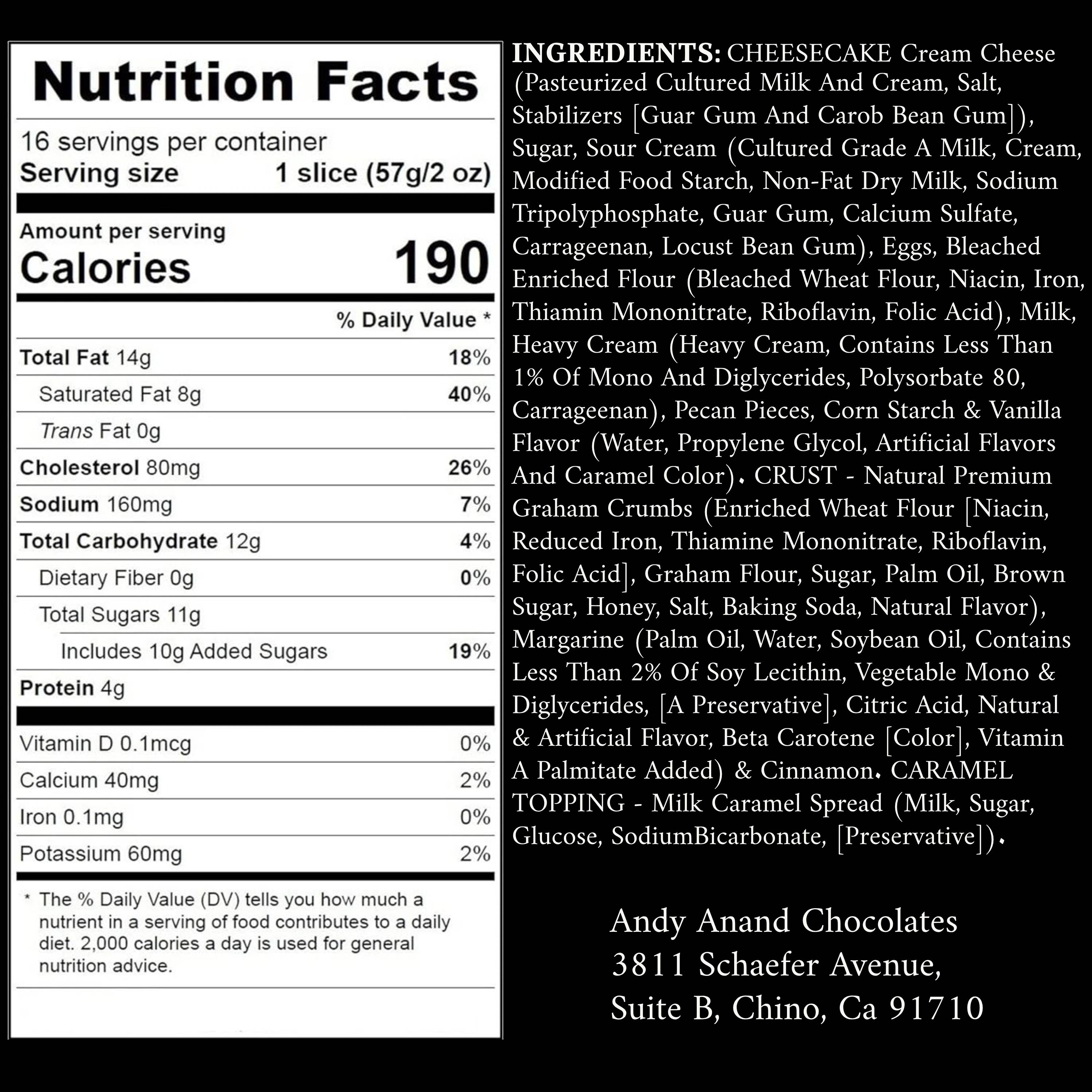 Andy Anand Sugar-Free Turtle Cheesecake 9"-2lbs, Freshly Baked, chocolate chips & nuts, ingredients & nutrition facts details