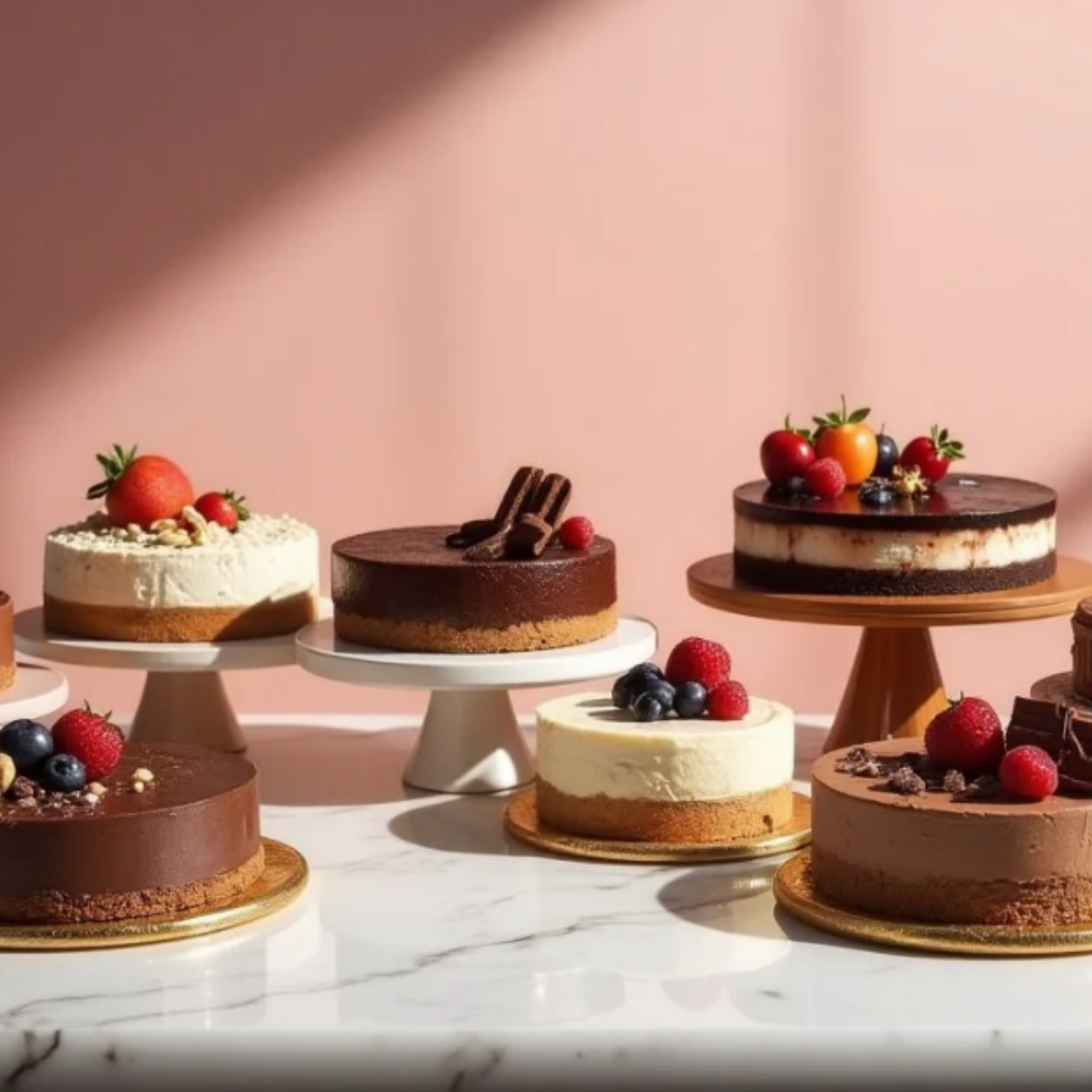 Sugar-free cheesecake and chocolate cake with blueberries, a chocolate bar, and strawberries are perfect for any occasion.