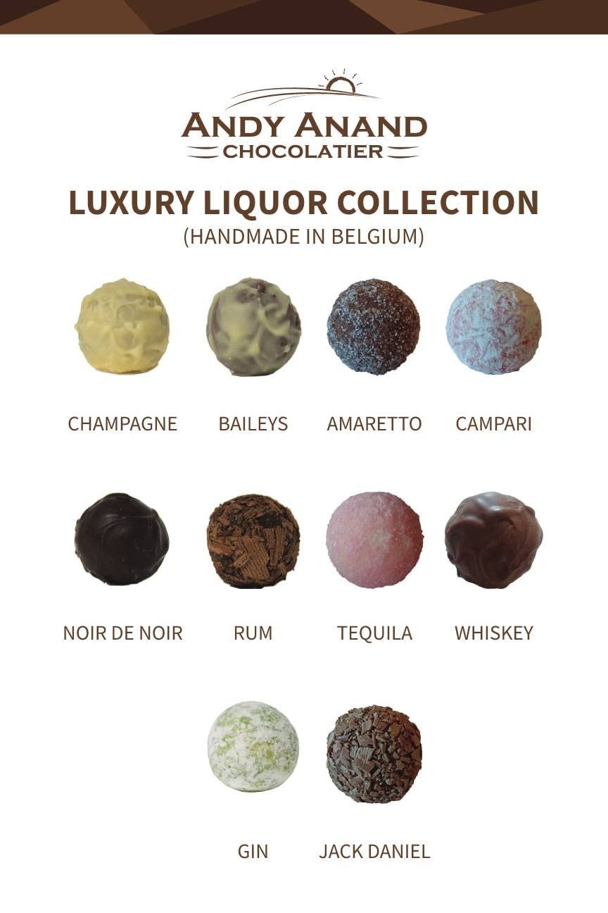 Belgian Chocolate Truffles Assorted Belgian chocolate truffles infused with various liquor flavors including champagne, baileys, amaretto, campari, noir de noir, rum, tequila, whiskey, gin, and jack daniel's. Andy Anand Chocolates, All Products, Products, Chocolate Truffles- Free 2nd Day Air.