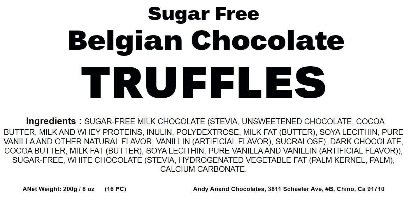 Andy Anand sugar-free Belgian chocolate truffles ingredients page, 16 pcs, 60% cocoa butter, premium confectionery.