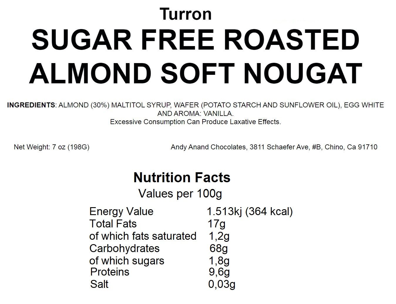 Sugar Free Almond Nougat soft nougat brittle, 18 bite-size pieces, 7 oz. Andy Anand Chocolates, All Products, Products, Sugar Free Brittle, Soft Brittle Nougat, Brittle / Turron.