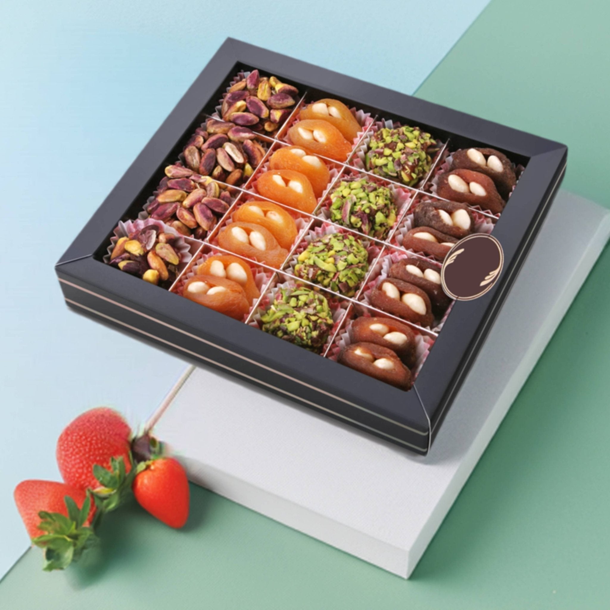 Gourmet sugar-free chocolate truffles with dates, 24 pcs, packed in a gift box, strawberry-decorated display.