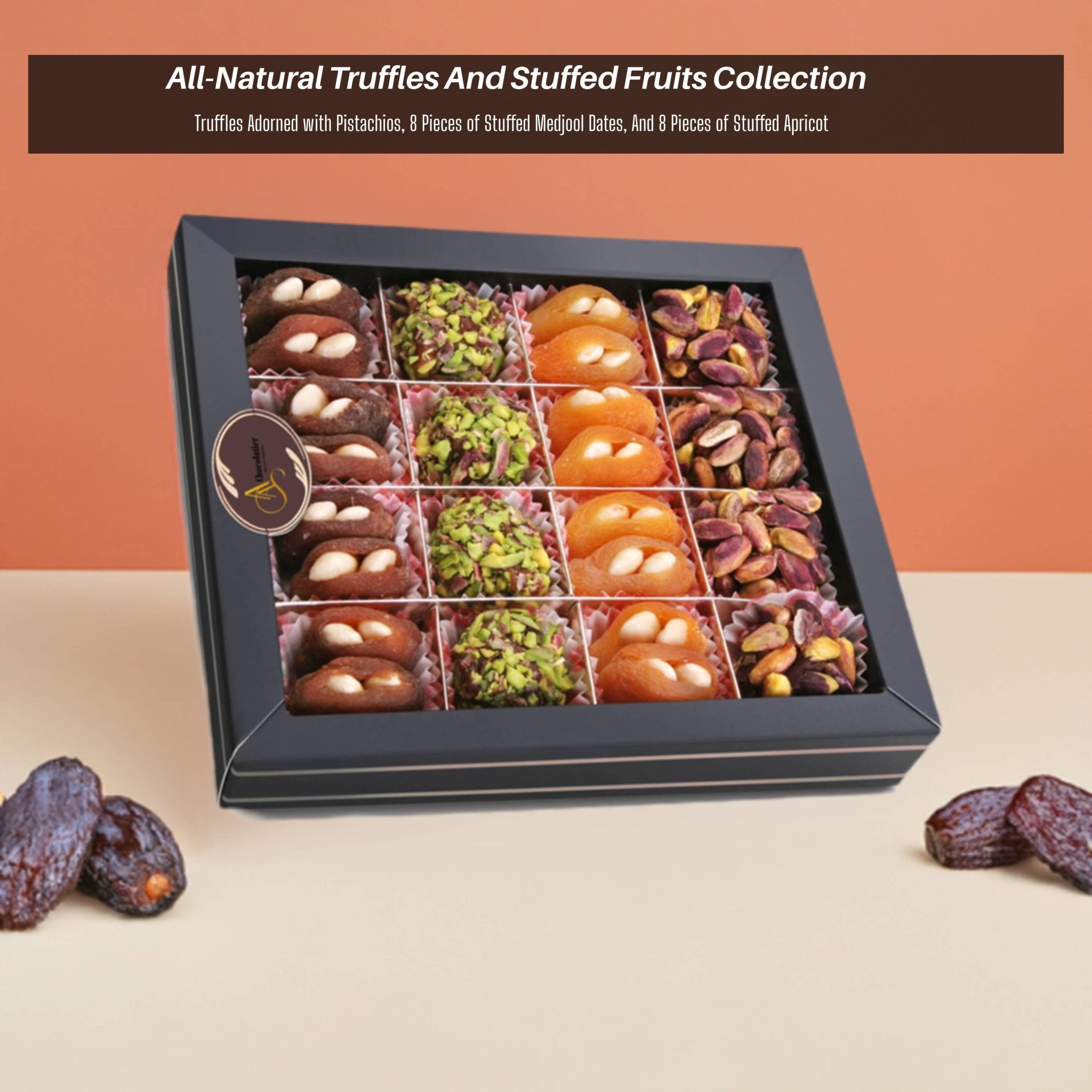 Gourmet all-natural chocolate truffles with pistachios and dates, 10.5 oz, 24 pcs, beautifully presented in gift packaging.
