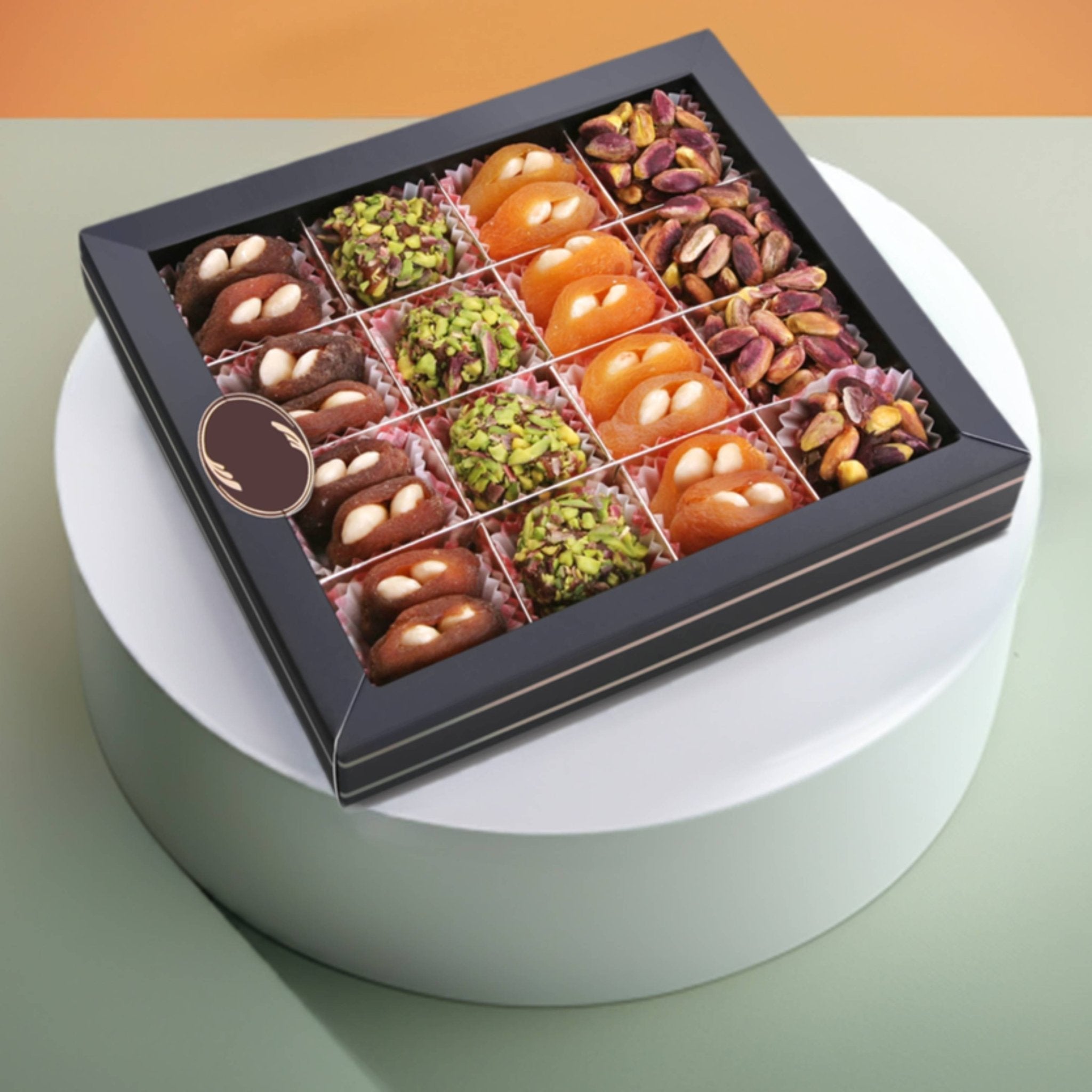 Gourmet sugar-free chocolate truffles with natural dates, 10.5 oz, 24 pcs, aesthetically displayed on board and in box.