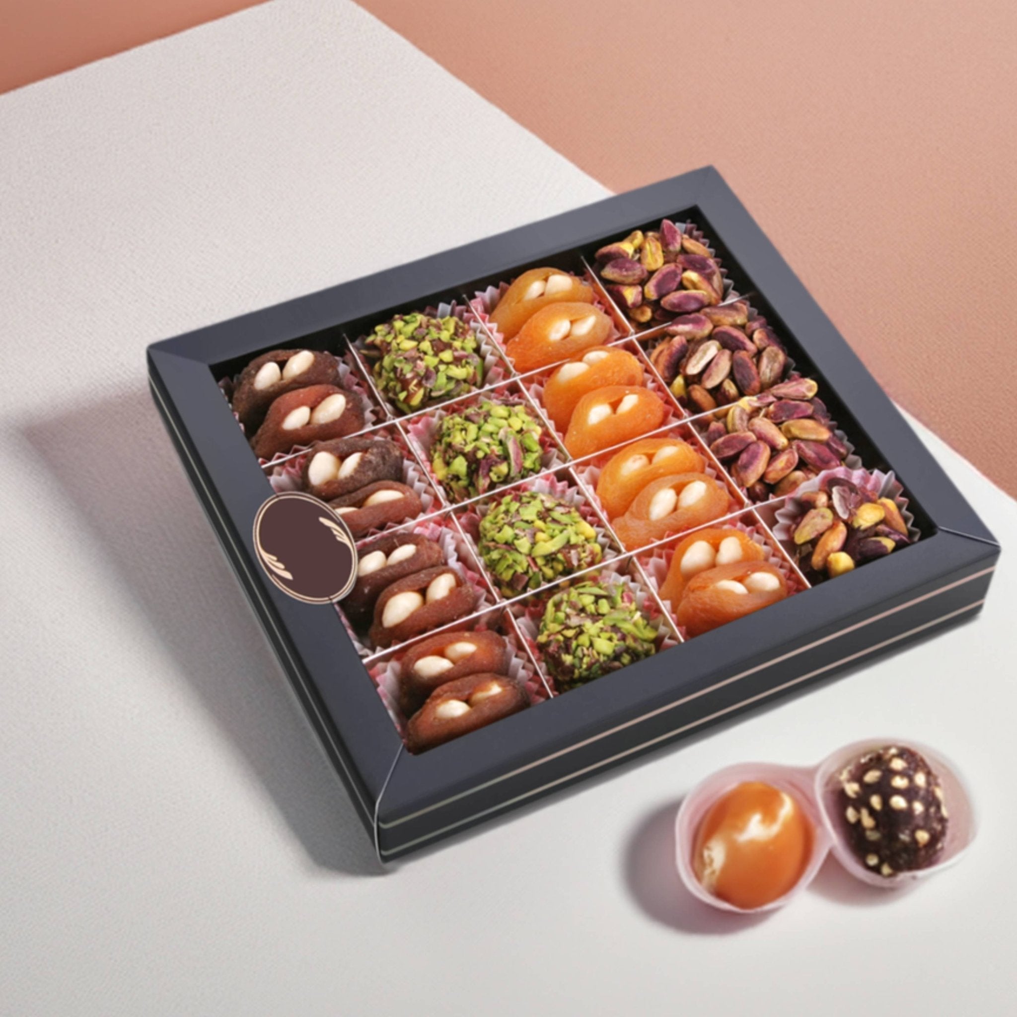 Andy Anand 24-piece chocolate truffles with natural dates, no sugar added, elegantly packaged for gifting.