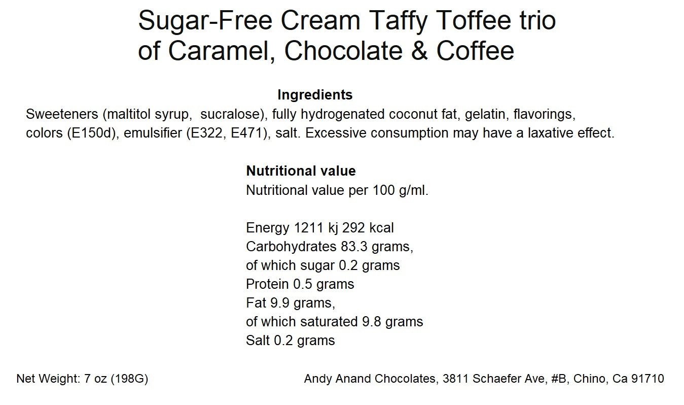 Andy Anand Chocolates Food & Beverages > Confectionery > Candy > Sugar-Free Andy Anand Sugar-Free Creamy Taffy Toffee, 33 pc, 7 oz – Caramel, Chocolate & Coffee, Gluten-Free, Made in Europe, Diabetic-Friendly Gift Sugar-Free Cream Toffees 33 pc 7 oz | Nationwide