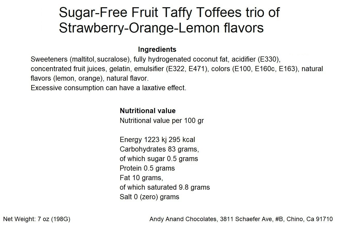 Sugar Free Fruit Toffees by Andy Anand Chocolates Taffy Toffees trio , Sugar Free English Toffee
