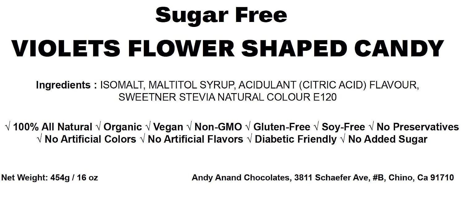 Sugar Free Hard Candy Sugar-free violet flower shaped candy with the essence of violet and sweetened with stevia. Andy Anand Chocolates, All Products,Products,Sugar Free Candy