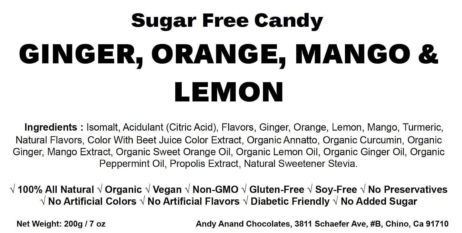 Sugar Free Ginger Candy with natural orange, mango, and lemon flavors. Organic, vegan, non-GMO, gluten-free, and sugar-free. Lightly sweetened with natural stevia, made in Italy. Andy Anand Chocolates, All Products, Products, Italian Delicacies imported from Italy, Sugar Free Candy
