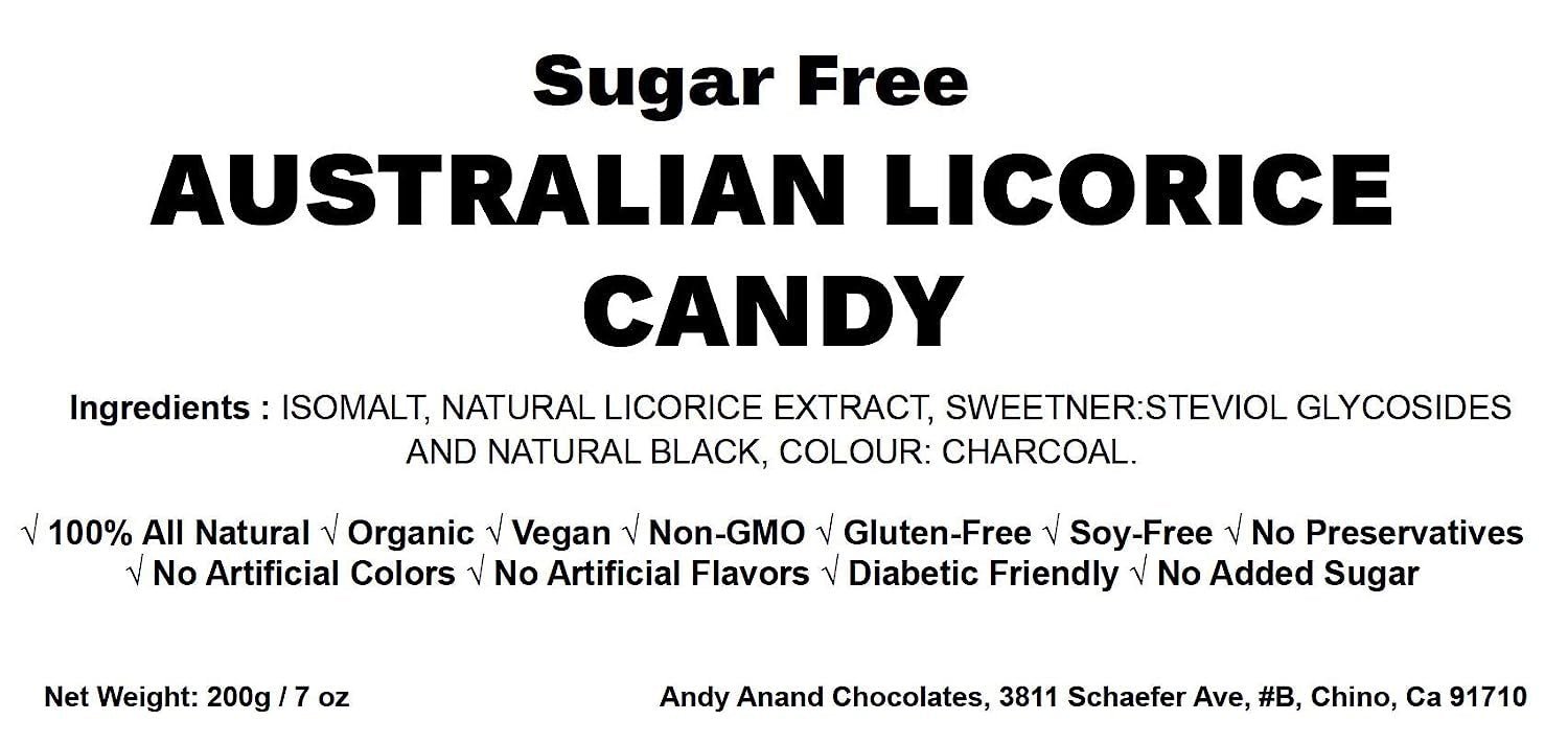 Sugar free Licorice Candy Sugar-free, all-natural Australian licorice candy made with stevia, a gluten-free and vegan treat from Andy Anand Chocolates. All Products, Products, Sugar Free Candy.