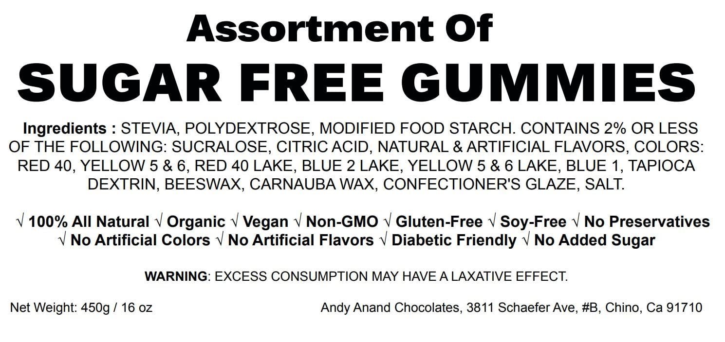 Sugar free assorted vegan gummies made with agar agar and stevia, gluten-free and diabetic-friendly candy, 16 oz pack.
